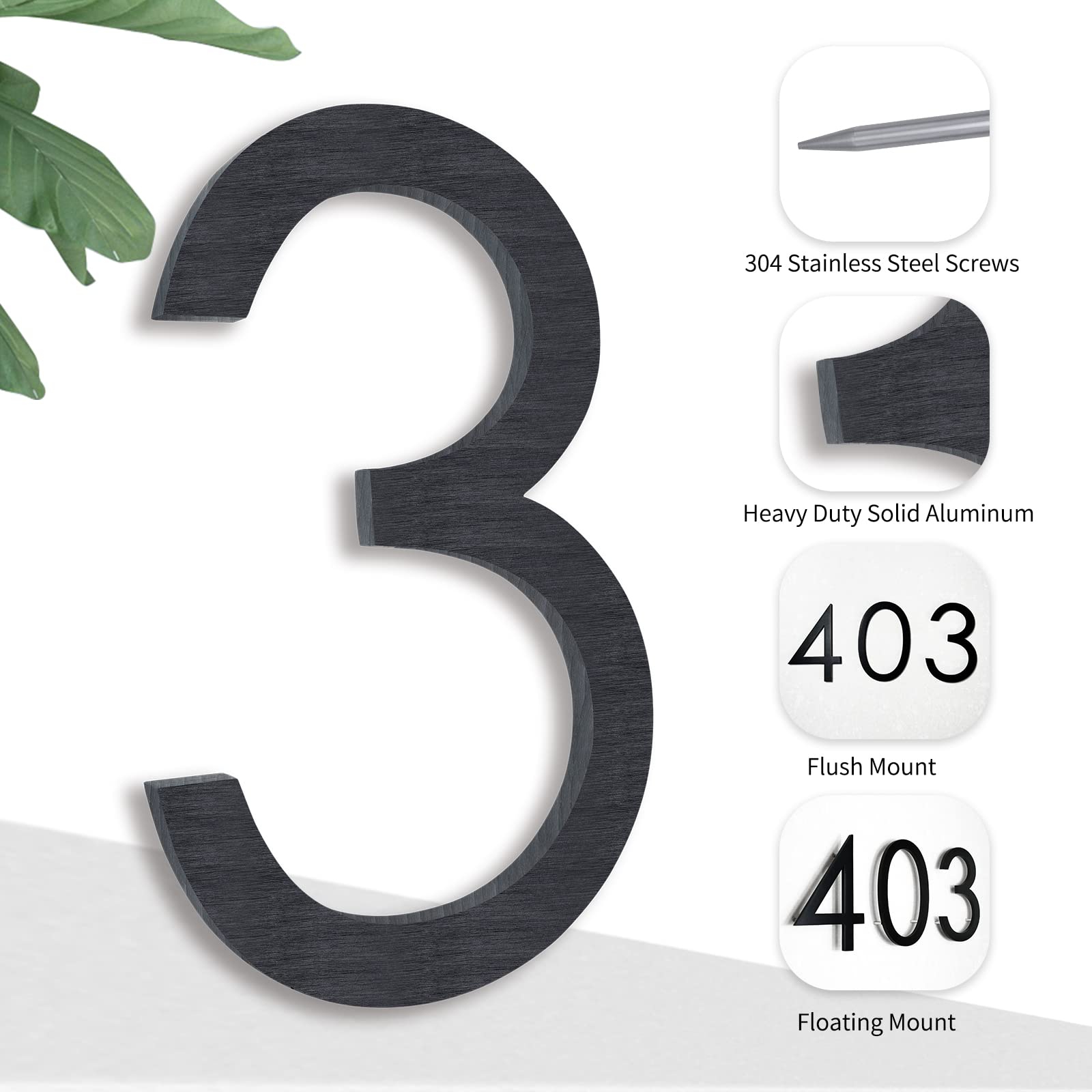 8 Inch Modern Floating House Numbers - Black Aluminum Address Plaque for Outdoor, Flush Mount Street Numbers - Perfect for Front Door, Mailbox, and Exterior Home Address Signage (Number 3)