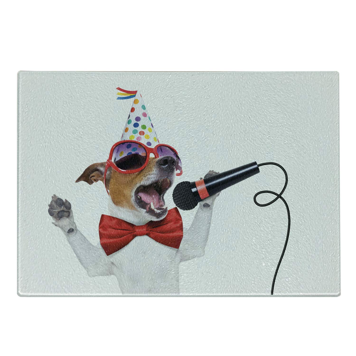 Ambesonne Popstar Party Cutting Board - Jack Russell Dog with Sunglasses, Party Hat & Bowtie Singing Birthday Song - Decorative Tempered Glass Serving Board for Kitchen, Party Decor & Gift - Small Size, Multicolor - Perfect for Birthday Celebrations, Housewarming Gifts & Kitchen Decor