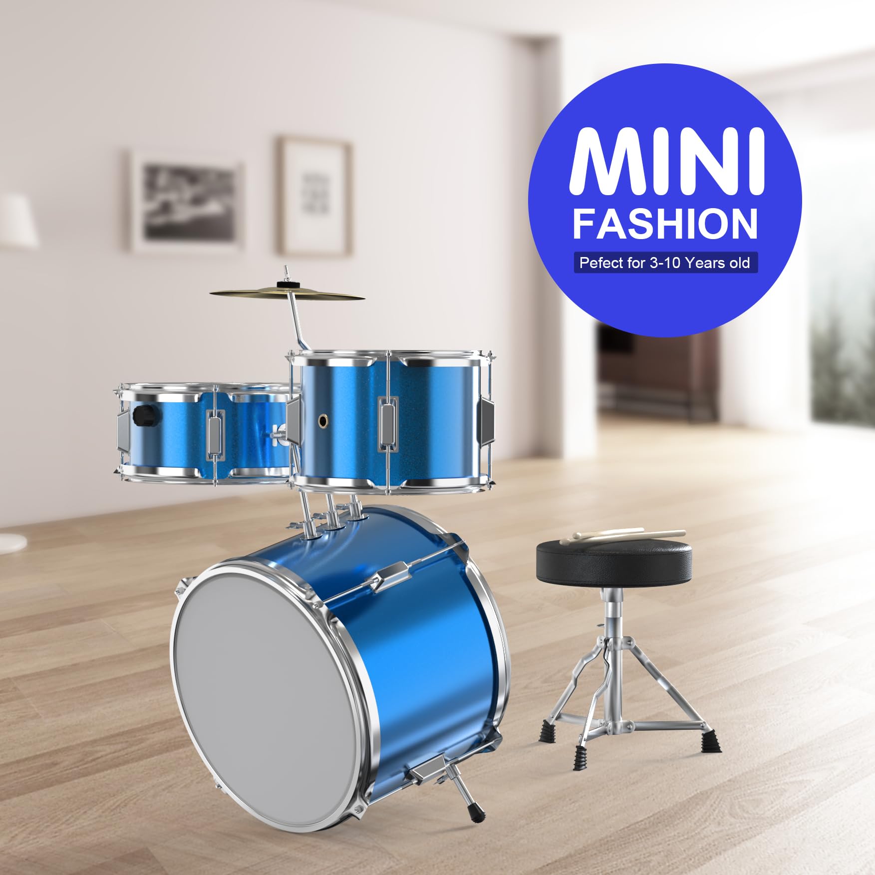 Sky Blue 3-Piece Beginner Drum Set with Throne Stool - Complete Starter Drum Kit for Kids & Teens | Perfect for Home Practice, Music Lessons & Rock Band Performances