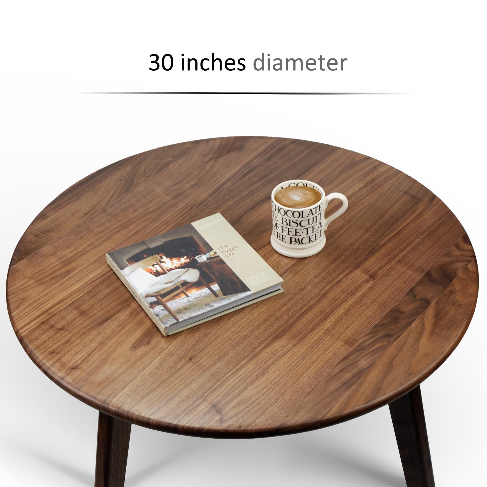 Premium Round Solid Black Walnut Wood Coffee Table - 30 Inch Natural Wooden Circular Side Table for Living Room, Lounge & Patio Furniture