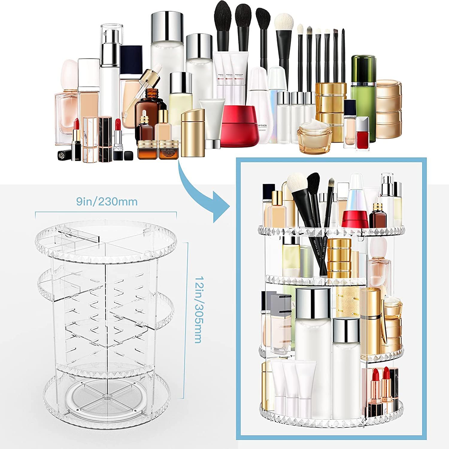 360° Rotating Makeup Organizer with Adjustable Rotation - Multi-Functional Clear Cosmetic Storage Case - Perfect for Vanity, Bathroom & Travel Organization