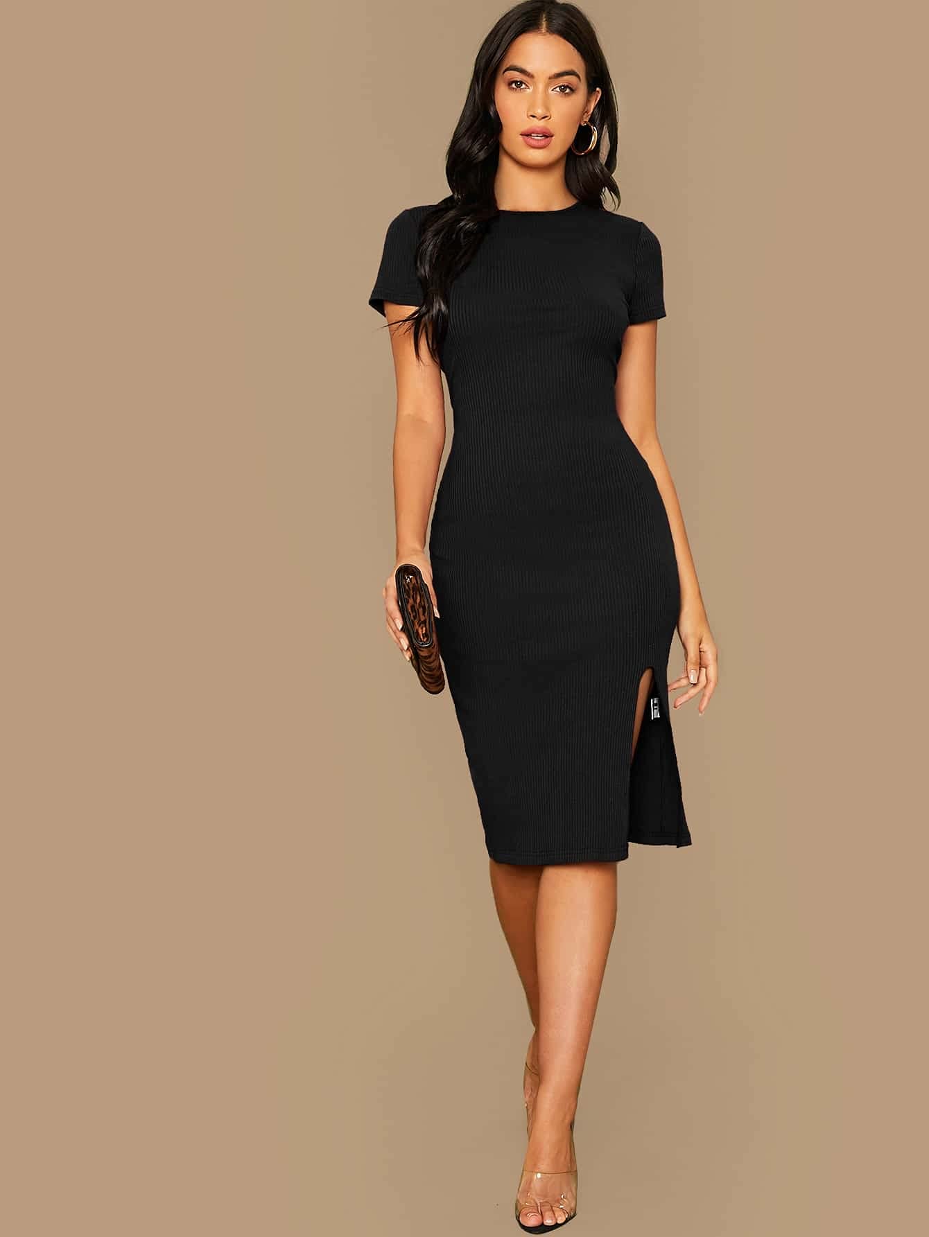 Elegant Rib-Knit Bodycon Dress for Women - Slim Fit with Slit Hem, Black, Size Large | Perfect for Cocktail Parties, Date Nights & Special Occasions