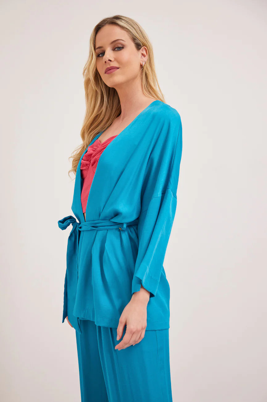 CLARISE Kimono Style Jacket for Women - Lightweight Turquoise Cover Up - Boho Chic Loose Fit Cardigan for Beach, Vacation & Summer Outfits