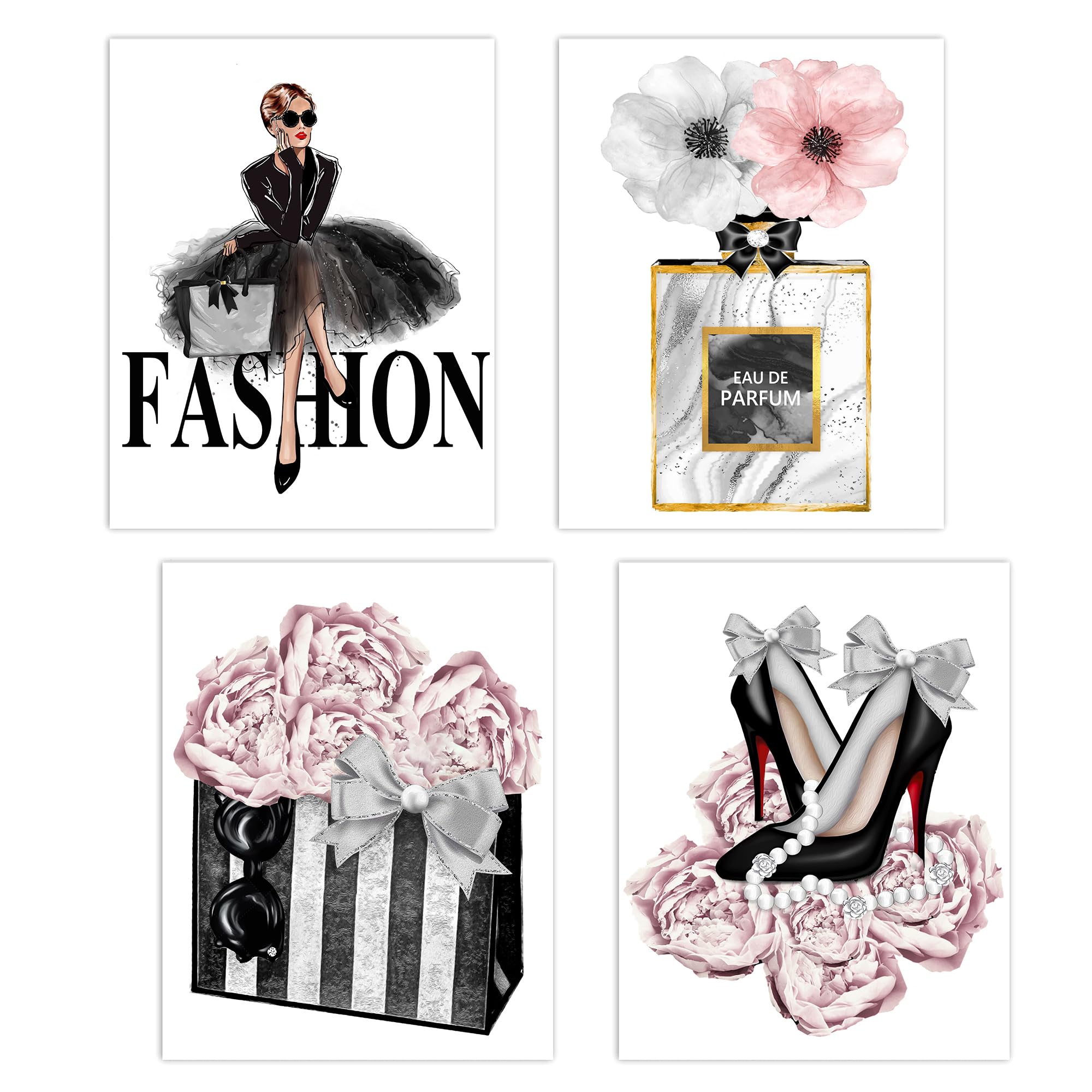 Stylish Pink and Gray Fashion Wall Art Prints - 8x12'' Unframed Canvas Decor for Bedroom, Living Room & Office | Perfume, High Heels & Floral Design Aesthetic