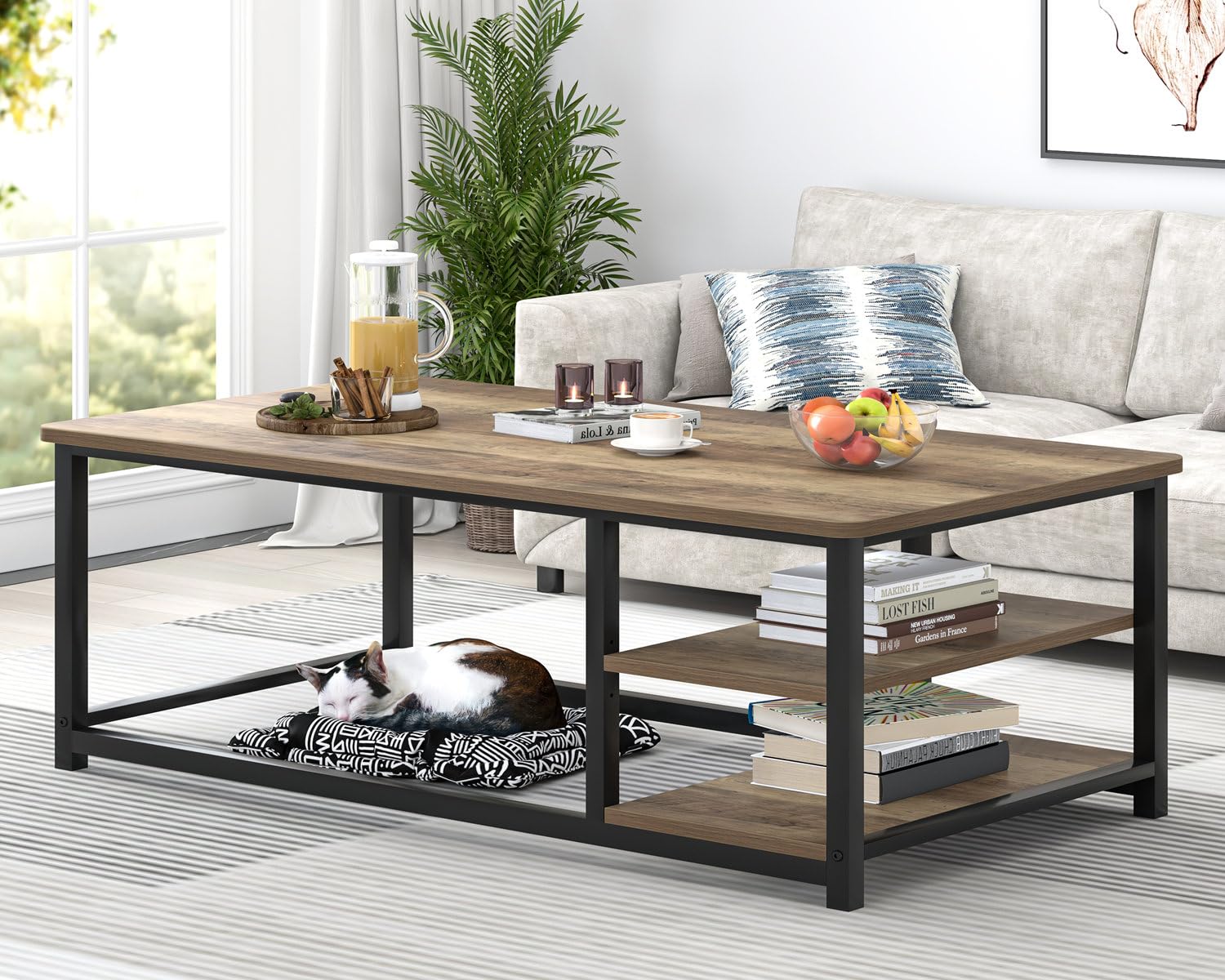 EXCEFUR 47 Inch Coffee Table with Storage Shelf - Modern Wood and Metal Center Table for Living Room, Rustic Oak Finish - Perfect for Small Spaces, Home Decor & Entertaining Guests