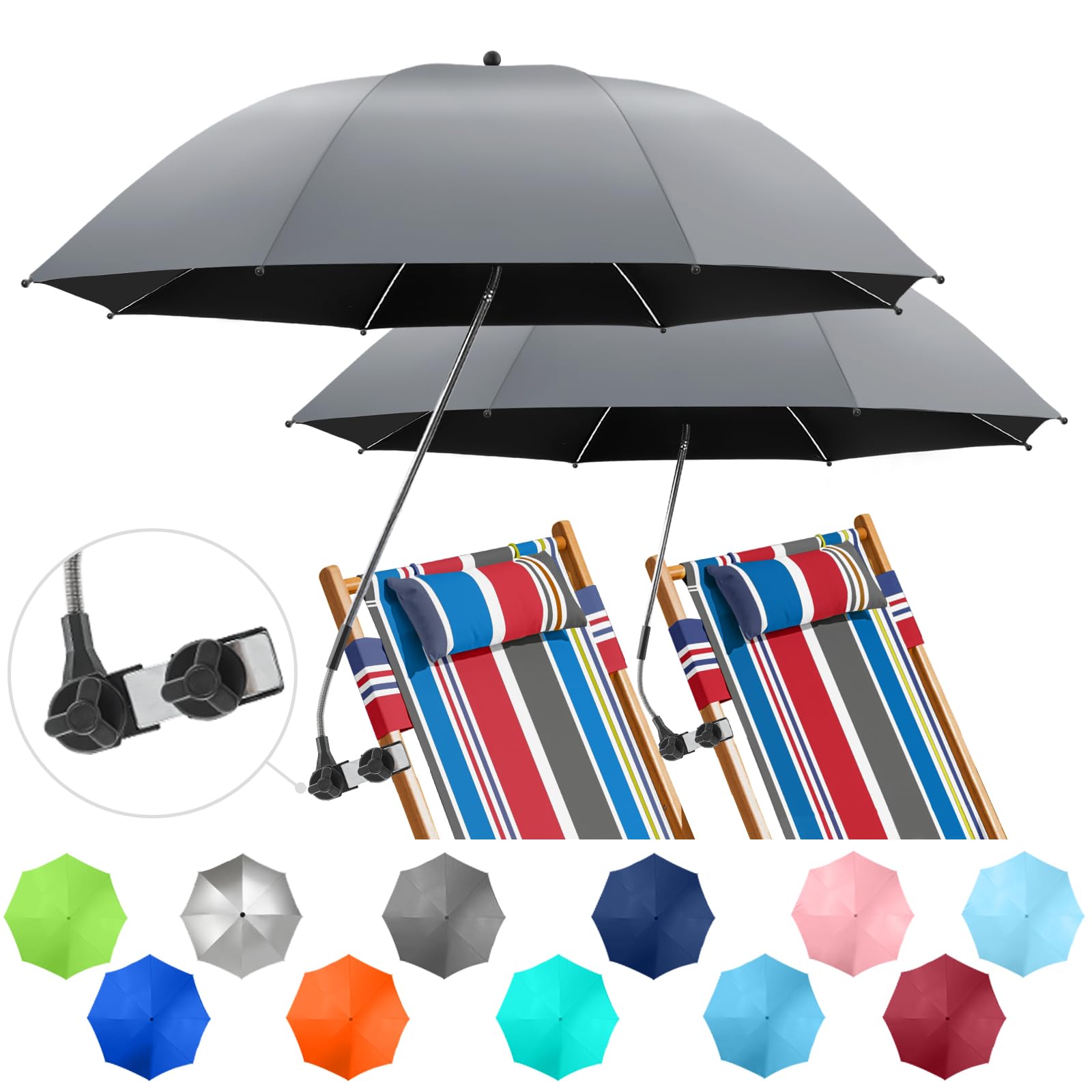 2 Pack Adjustable Chair Umbrella with Clamp - 360° Rotation UPF50+ Sun Shade for Beach, Patio, Wheelchair, Camping & Golf Carts | Perfect for Outdoor Relaxation, Sun Protection & Travel (Chair Not Included)