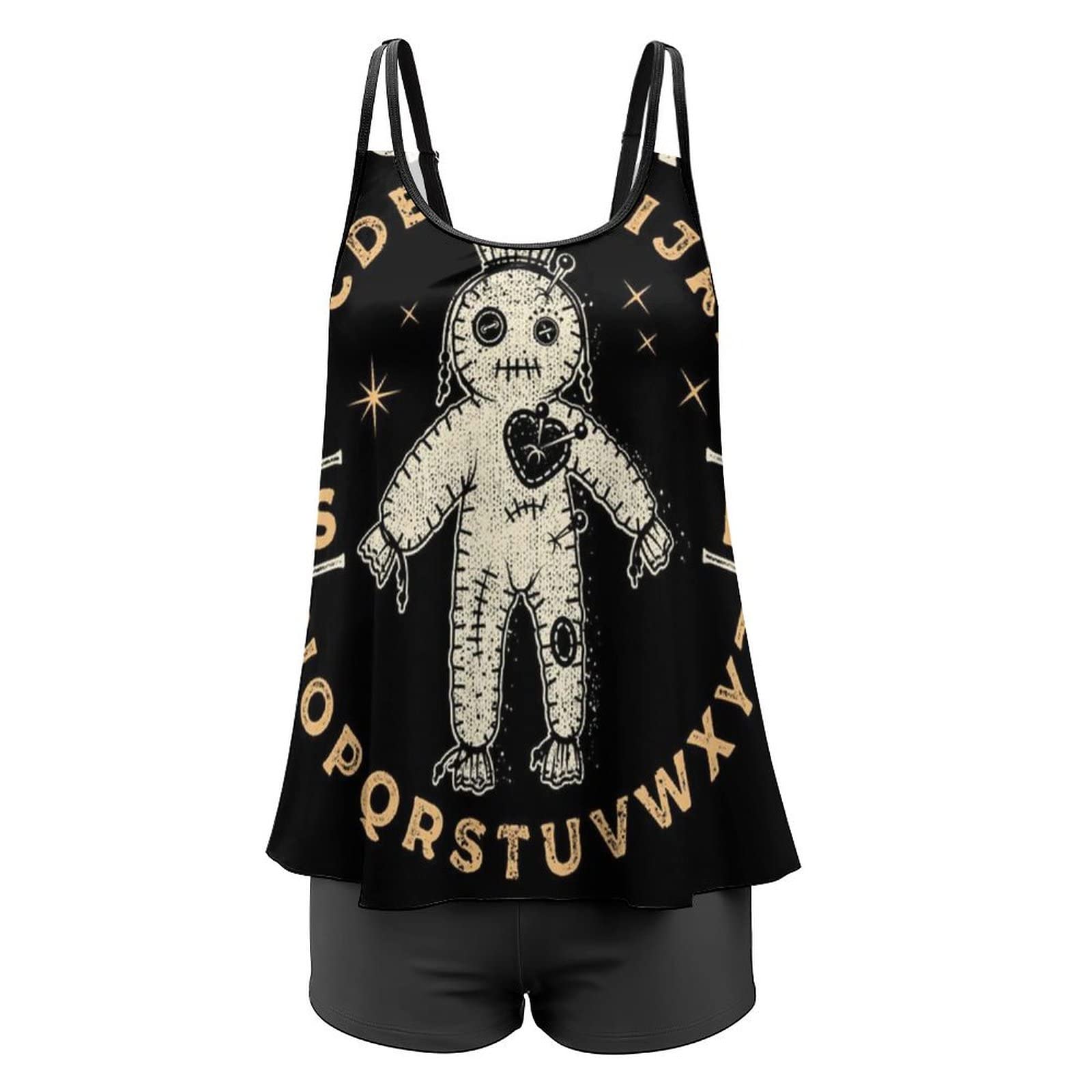 Women's Adjustable Tankini Swimsuits with Shorts - Lightweight Quick-Dry Tummy Control Two-Piece Bathing Suit Halter Swimwear | Beach, Pool & Vacation Wear | Occult-Themed Design with Voodoo Doll Print