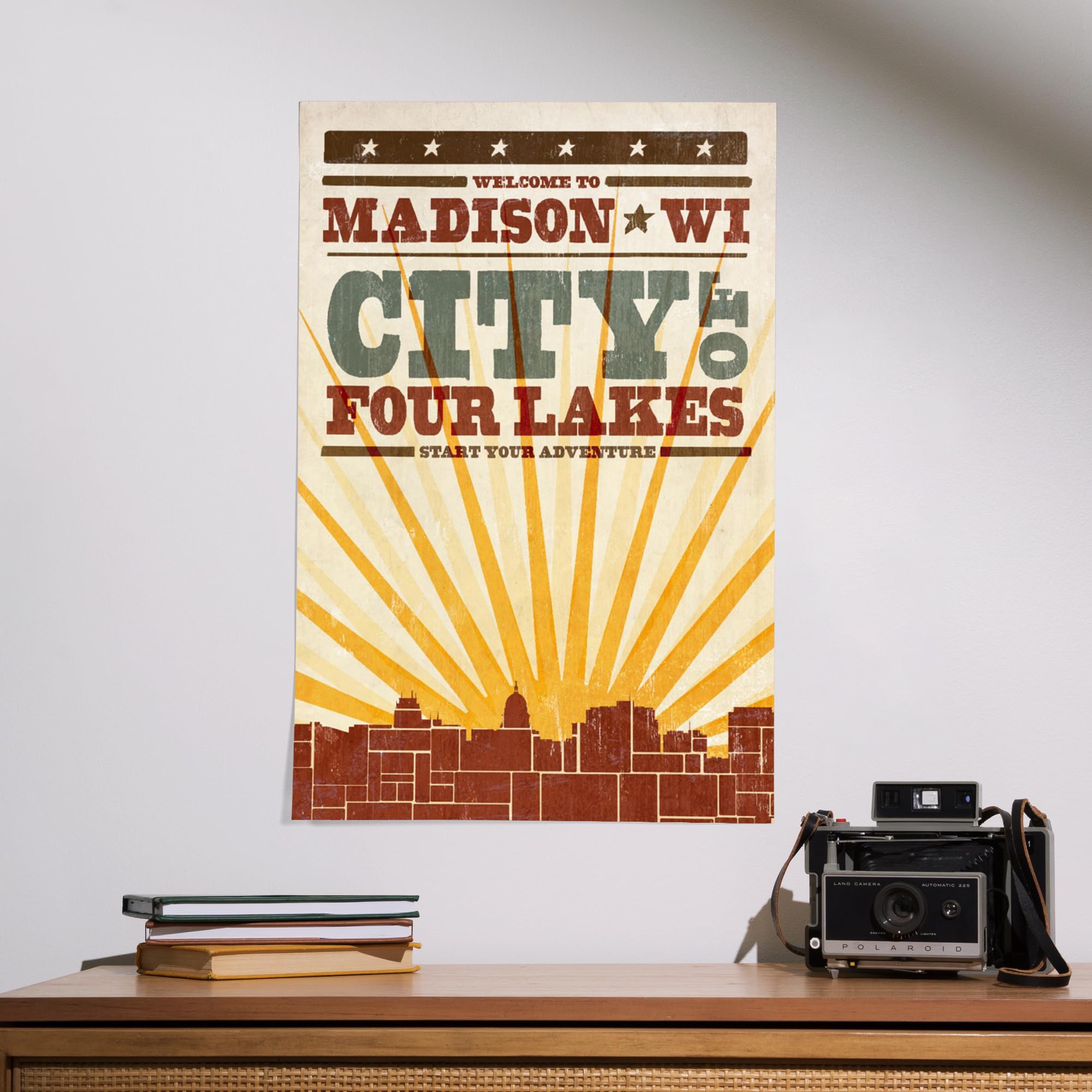 Lantern Press 16x24 Inch Giclee Print - Madison Wisconsin Skyline & Sunburst Art - Screenprint Style Wall Decor for Living Room, Bedroom or Office