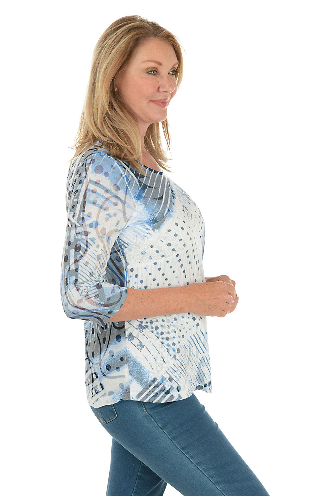 Stylish Women's Denim Gradient Mixed Burnout Knit Top - Trendy Casual & Party Wear for Everyday Outfits