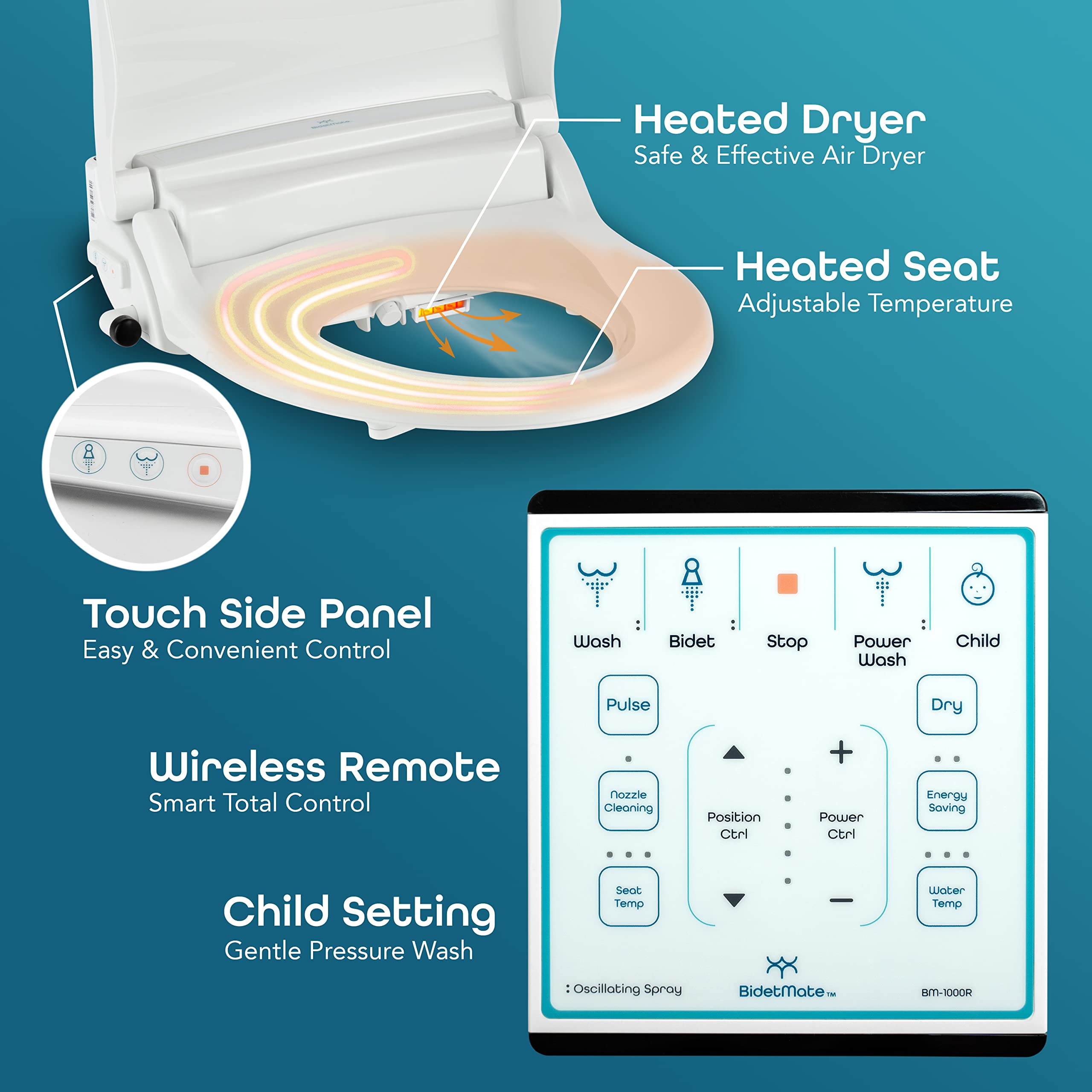 BidetMate 1000 Series Smart Bidet Toilet Seat - Heated Seat & Water, Warm Air Dryer, Wireless Remote Control - Self-Cleaning Electric Bidet with Adjustable Nozzle & Multiple Wash Modes - Perfect for Elderly, Disabled & Luxury Bathroom Upgrade - Fits Elongated Toilets