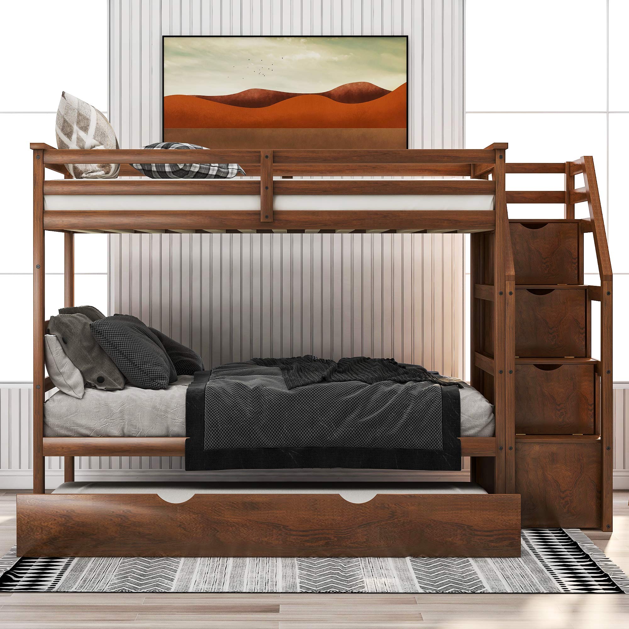 Solid Wood Twin Bunk Bed with Storage & Staircase - Kids/Teens Room Space Saver