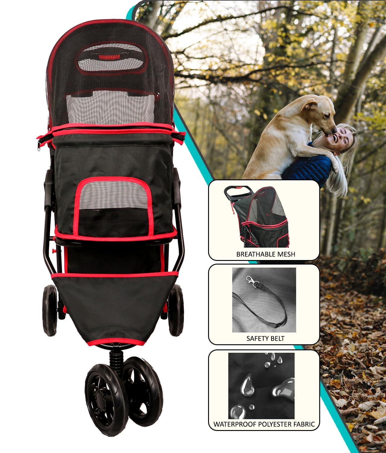 AmorosO Pet Stroller for Small Dogs & Cats | Lightweight Foldable Pet Carrier with Storage Basket | Easy Walking & Travel | Indoor & Outdoor Use | Perfect for Vet Visits, Shopping & Park Outings | Black
