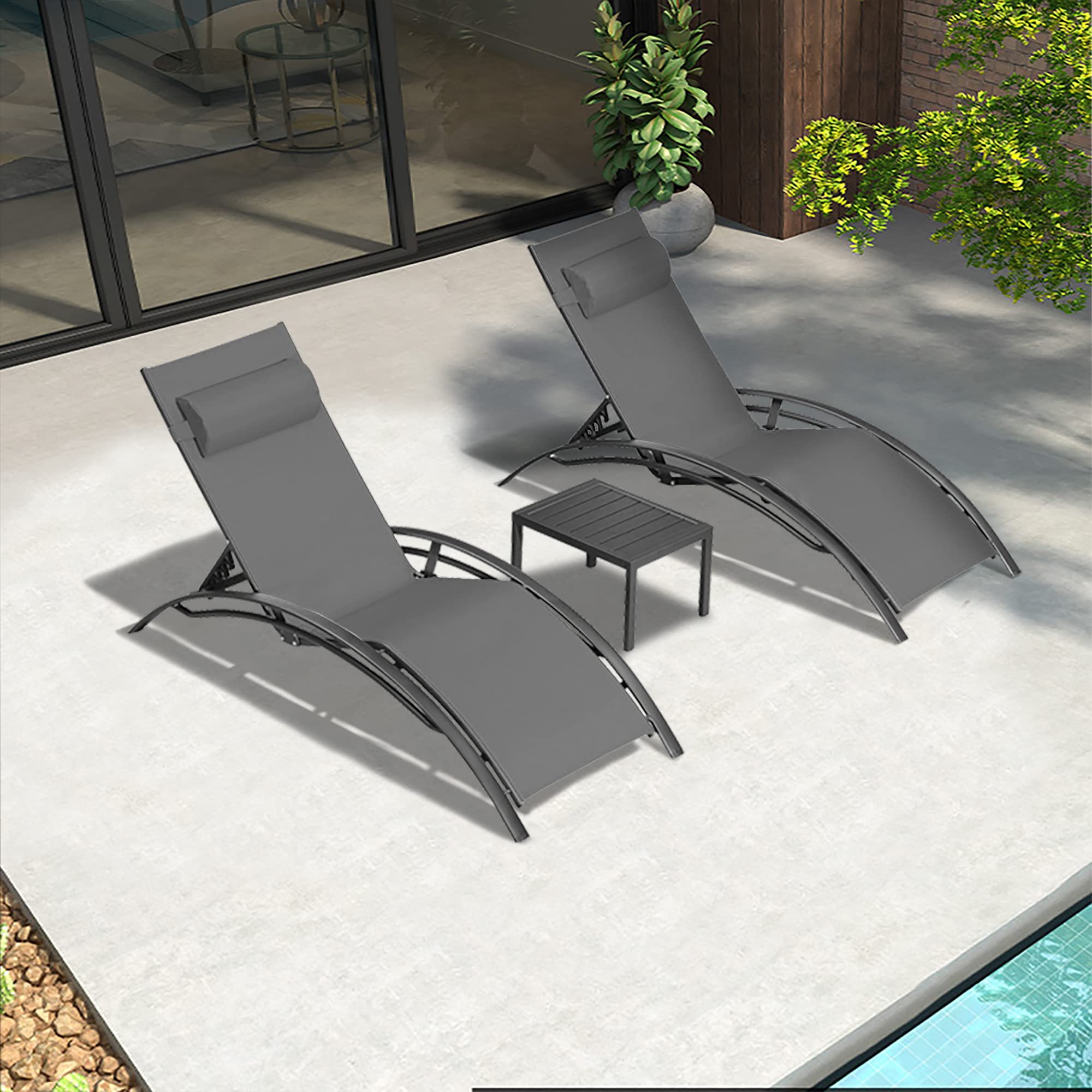 PURPLE LEAF 3-Piece Outdoor Chaise Lounge Set - All-Weather Patio, Pool & Beach Sunbathing Chairs with Side Table - Perfect for Backyard, Garden & Tanning - Grey