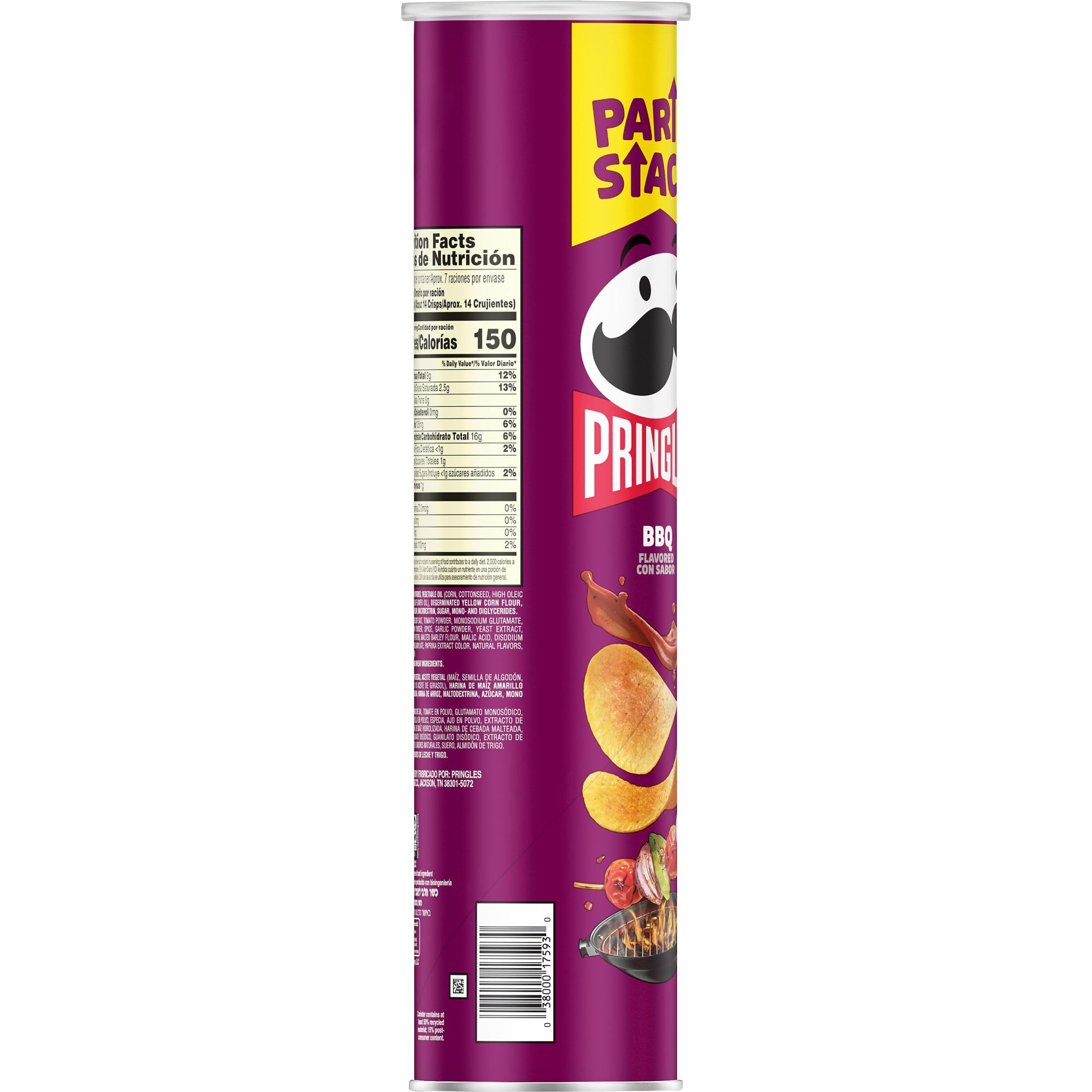 Pringles BBQ Flavored Potato Crisps Chips - 7.1oz Can (Pack of 1) | Crunchy Lunch Snacks, On-The-Go Treats & Party Food | Perfect for Picnics, Road Trips and Game Nights
