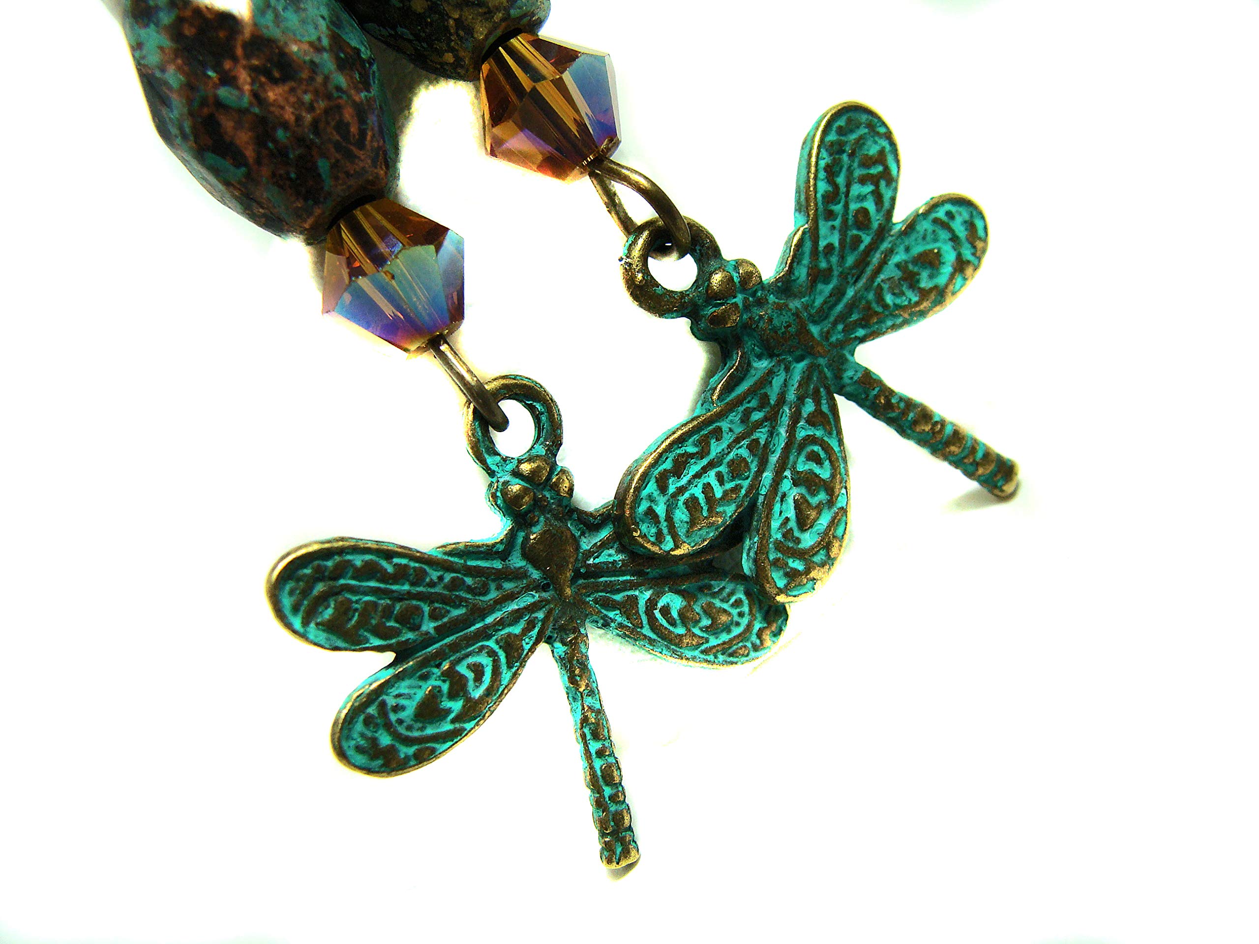 Green Patina Metal Dragonfly Earrings with Barrel & Topaz Crystal Beads - Boho Chic Jewelry for Women, Perfect for Parties, Weddings & Everyday Wear
