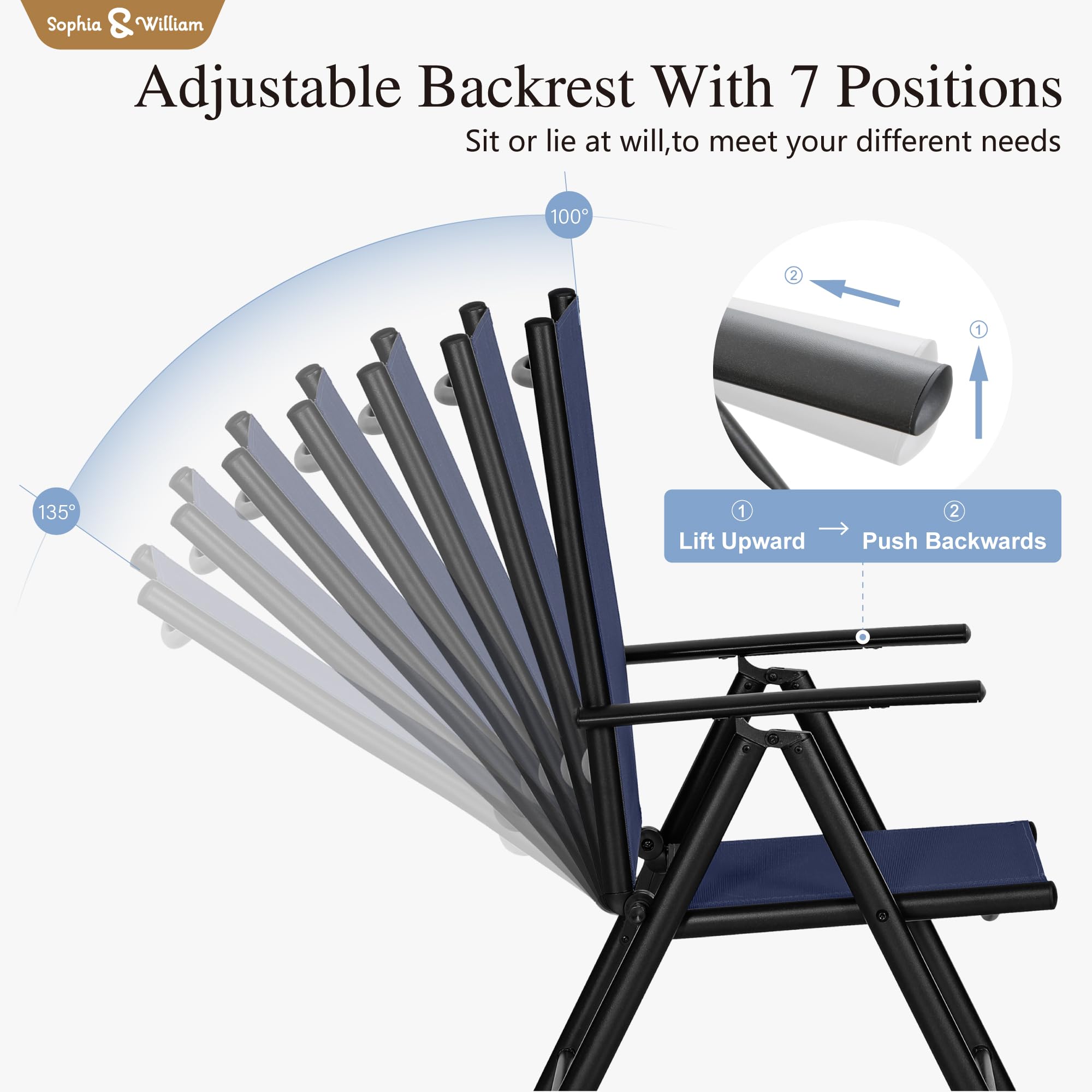 Sophia & William 4-Pack Outdoor Folding Chairs - Adjustable Patio Dining Chairs with 7-Level Reclining Backrest, Lightweight Portable Textilene Chairs in Blue - Perfect for Backyard BBQs, Beach Trips, and Camping Adventures