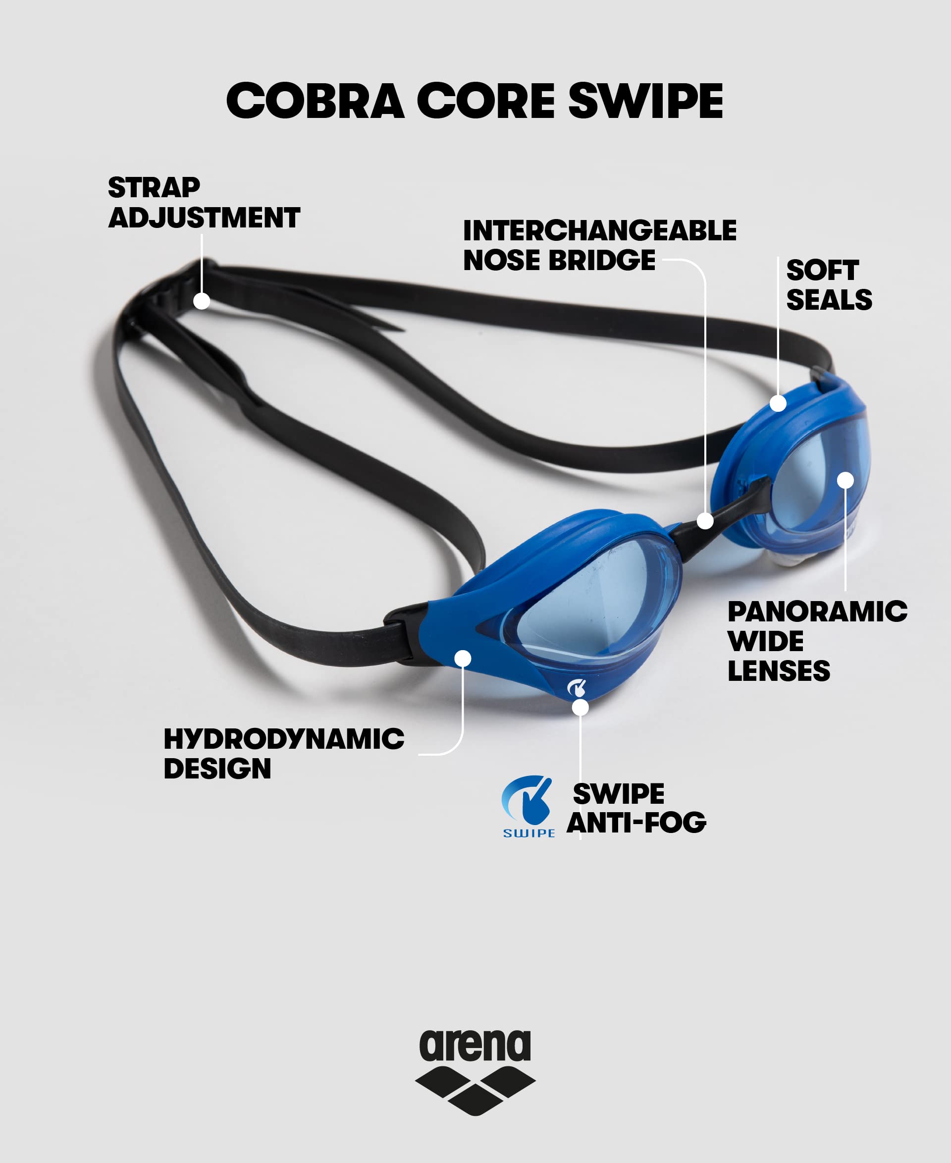 ARENA Unisex Cobra Core Swipe Anti-Fog Racing Swim Goggles - Polycarbonate Mirror/Non-Mirror Lens for Men & Women - Perfect for Competitive Swimming, Triathlons & Lap Training