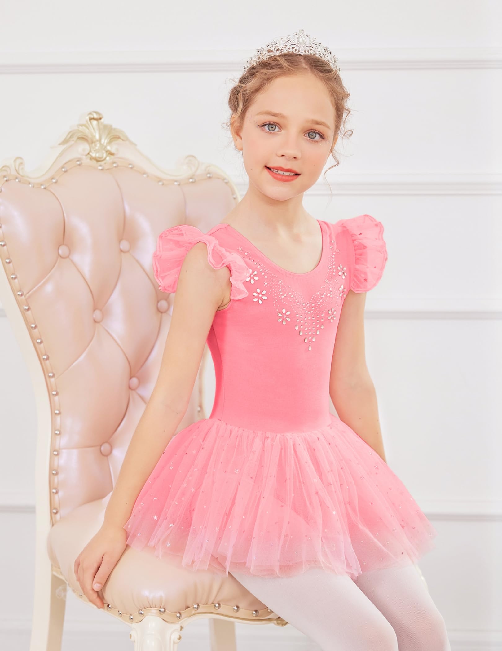 Girls Ballet Leotard with Shiny Sequin Tutu Skirt & Ruffle Sleeves - Ballerina Dance Dress for Recitals, Performances & Practice