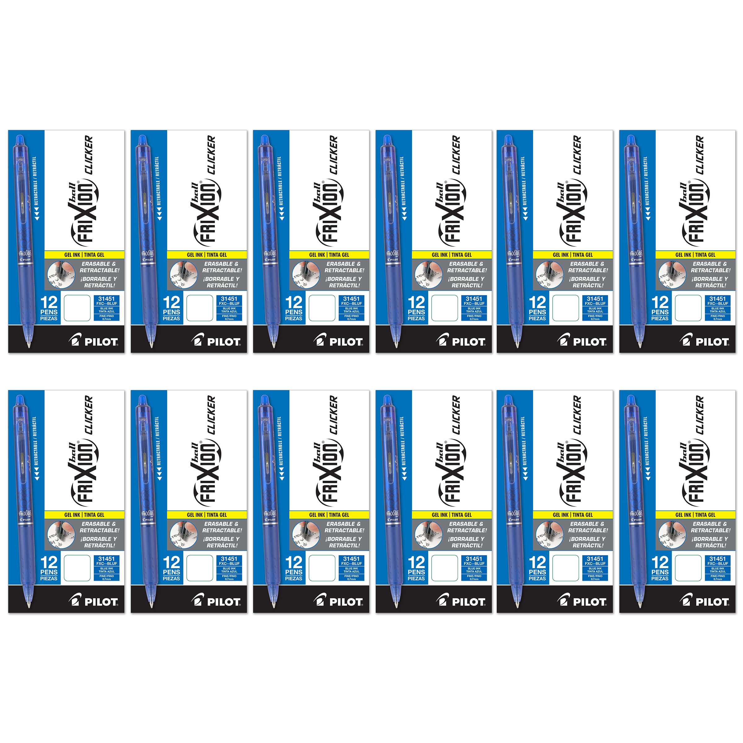Pilot FriXion Clicker Erasable Gel Pens 0.7mm Fine Point - 12 Pack (144 Pens Total) - Smooth Writing for School, Office & Note Taking - Blue Ink Refillable Gel Pen Set