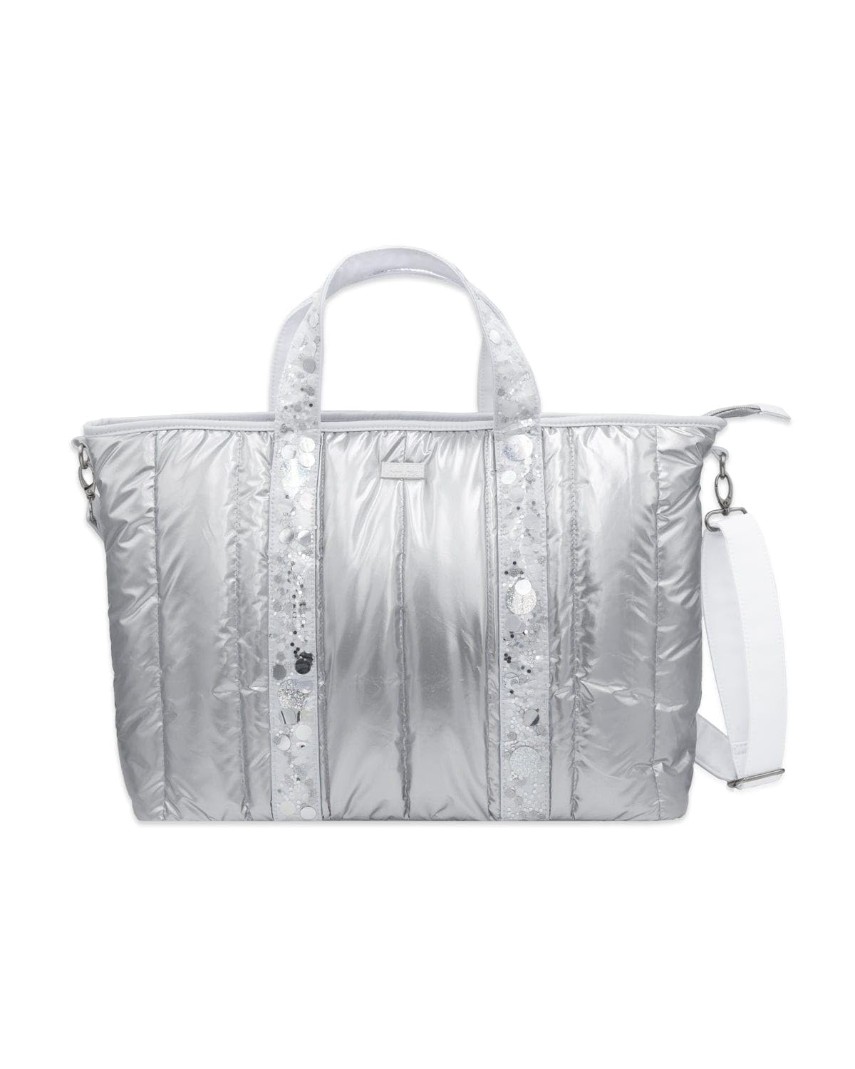 Packed Party Silver Puffy Confetti Weekender Duffle Bag for Women - Stylish Overnight Travel Luggage, Gym Bag, Carry-On for Airlines, Work Tote & Hospital Visit Essentials (Metallic) | Perfect for Weekend Getaways, Business Trips & Fitness Routines