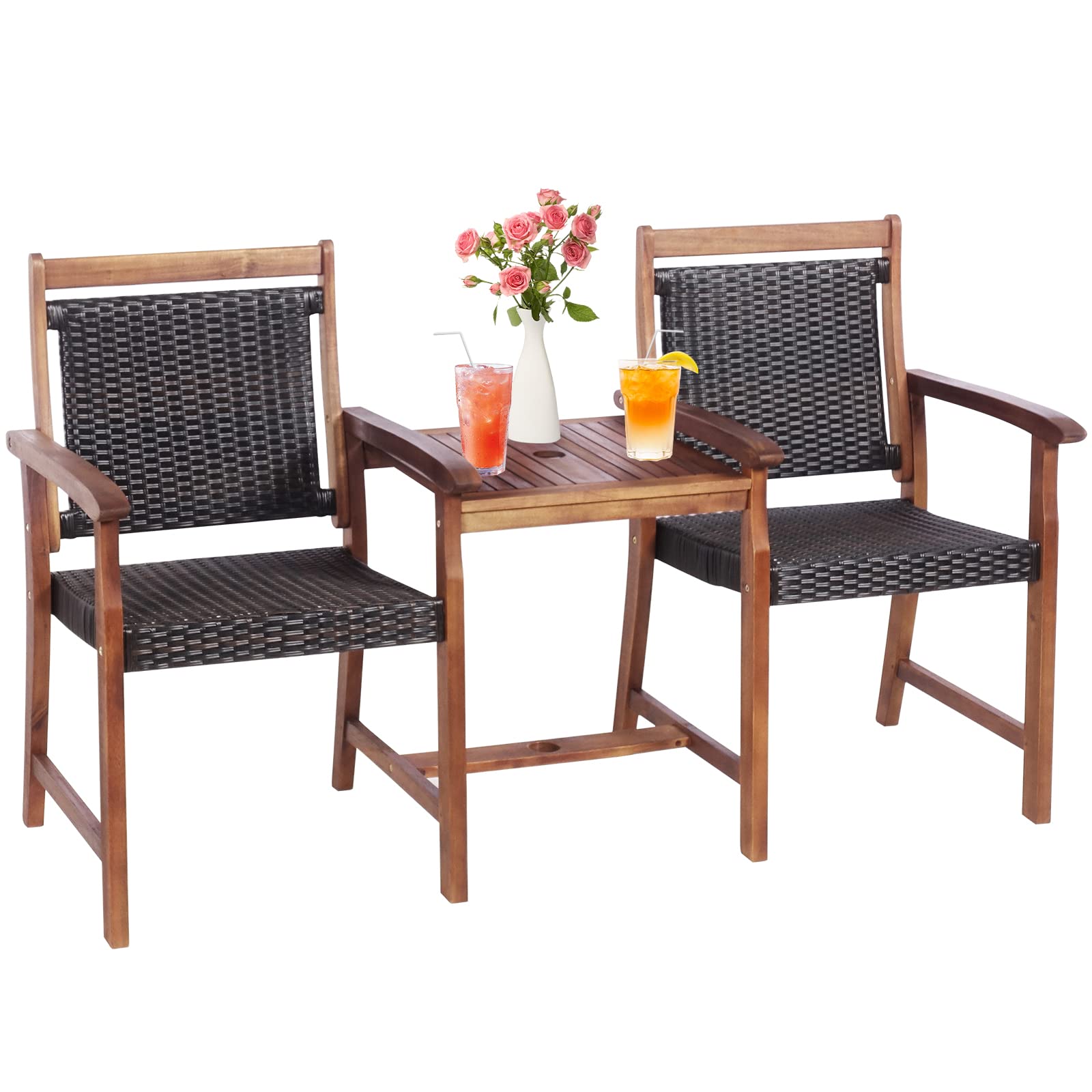 **Tangkula Acacia Wood Garden Bench Set - 2-Seater Patio Loveseat with Rattan Design, Coffee Table & Parasol Hole - Outdoor Conversation Furniture for Backyard, Poolside, Balcony, Deck (Brown) | Perfect for Relaxing, Entertaining & Enjoying Nature**