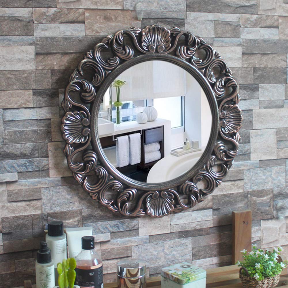 Vintage Round Wall Mirror 48cm with PU Frame - Decorative Bathroom Vanity Mirror, Bedroom Dresser Makeup Mirror, Living Room & Corridor Hanging Mirror for Shaving & Shower Use