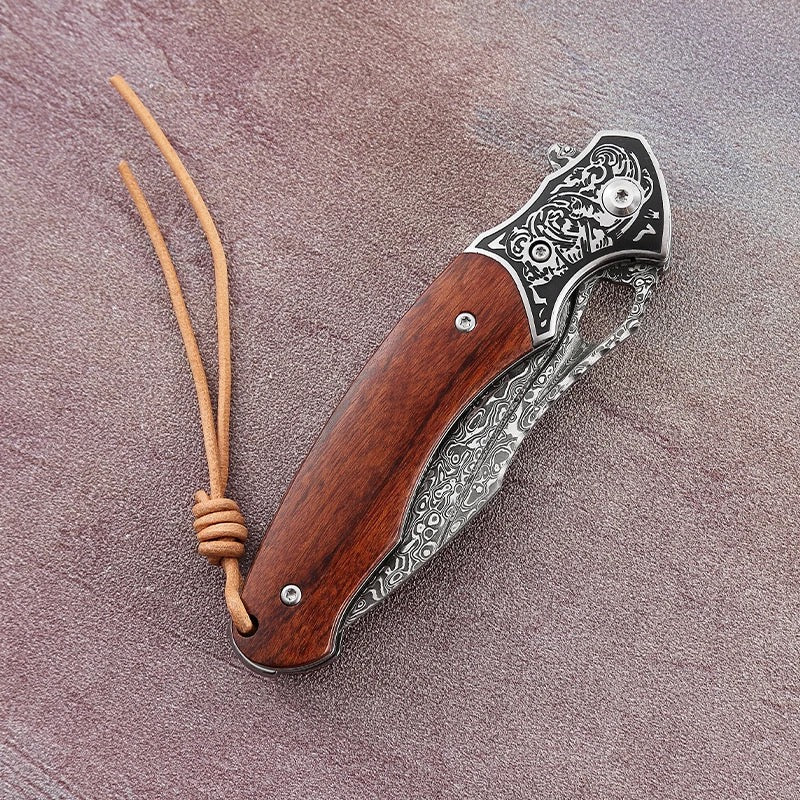 Premium Damascus Steel Pocket Knife with Exotic Red Sandalwood Handle - Engraved Meteor Design for Outdoor Camping, Hiking & Everyday Carry (EDC)