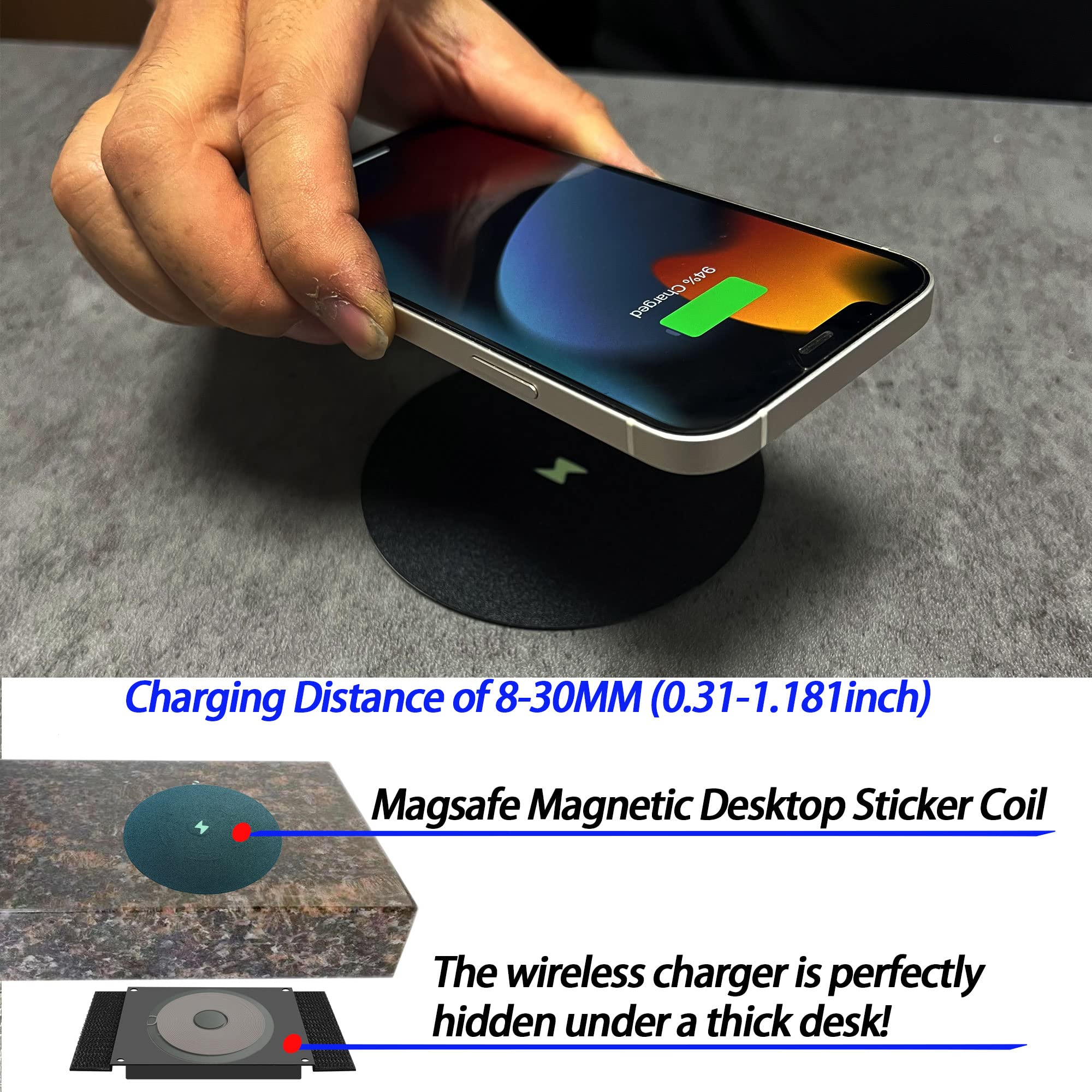 Magnetic Invisible Wireless Charger 15W - Under Desk Mount for iPhone 14/13/12 Pro Max, AirPods 3 & Android Phones (8-30MM Thickness, Includes PD Adapter) | Perfect for Office, Home & Car Use