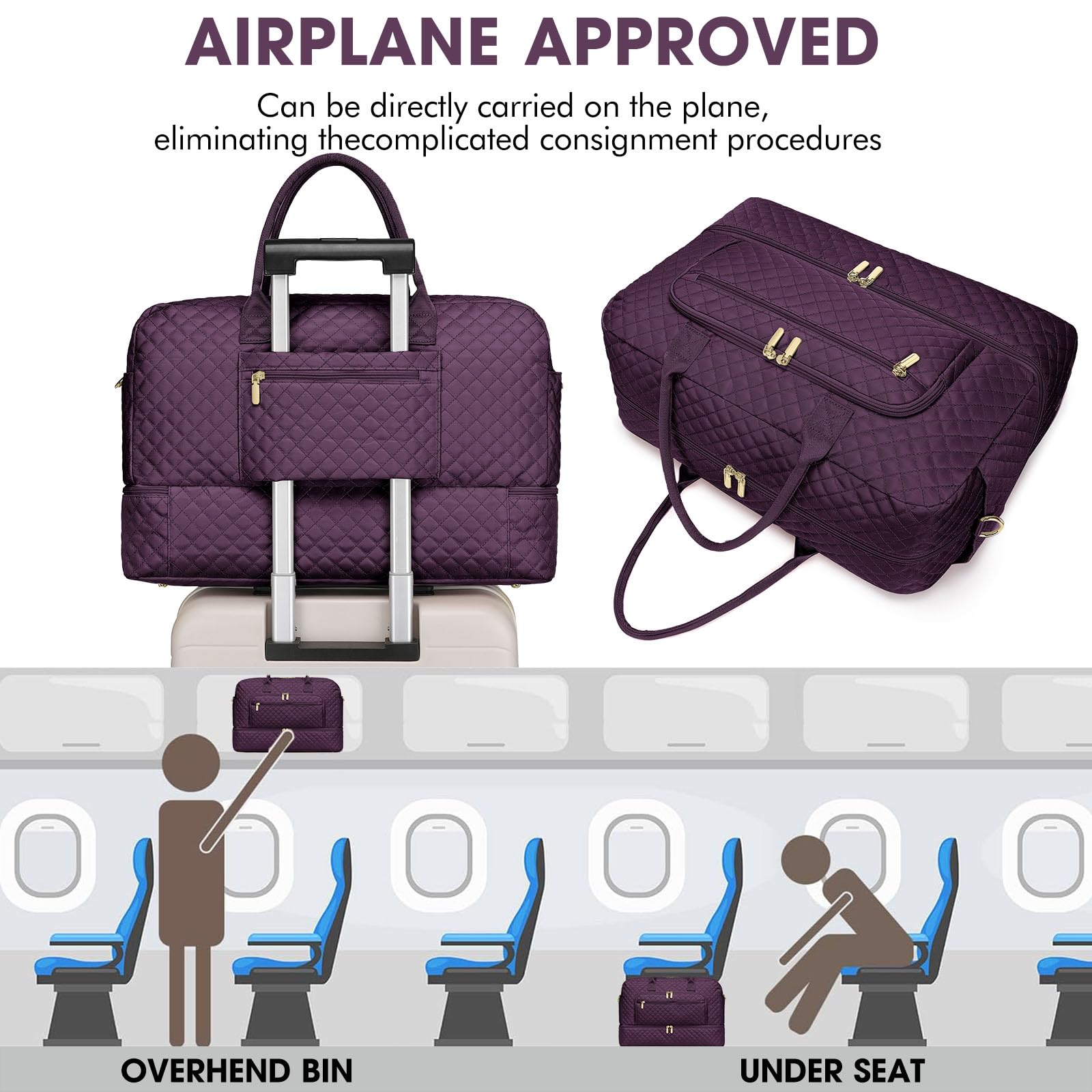 Large Women's Travel Duffle Bag - Waterproof Carry On Weekender Overnight Gym Tote with Wet Pocket & 3-Piece Set | Perfect for Business Trips, Sports, Hospital Visits & Weekend Getaways