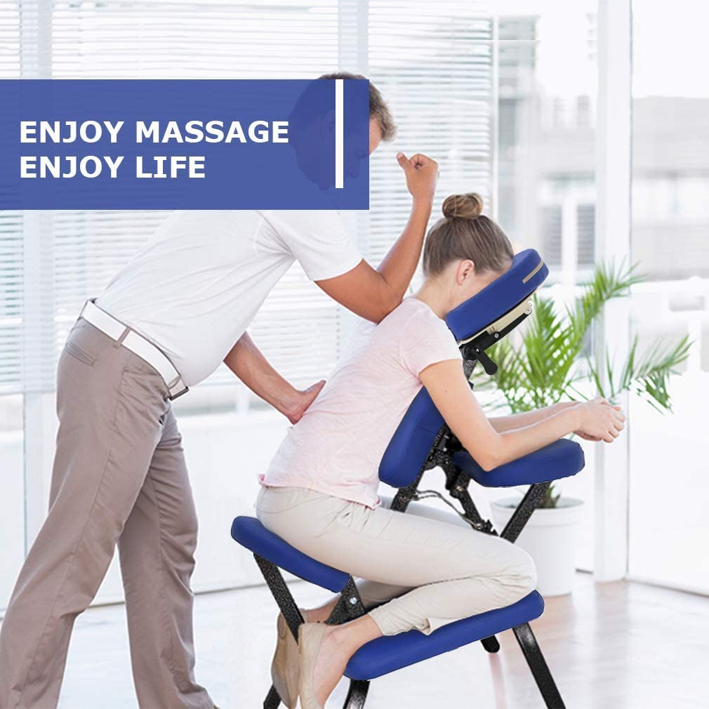 Foldable Massage Chair - Adjustable Tattoo & Spa Chair with Free Carry Case & Face Cradle - Portable Therapy Chair for Home, Salon & Clinic - Blue