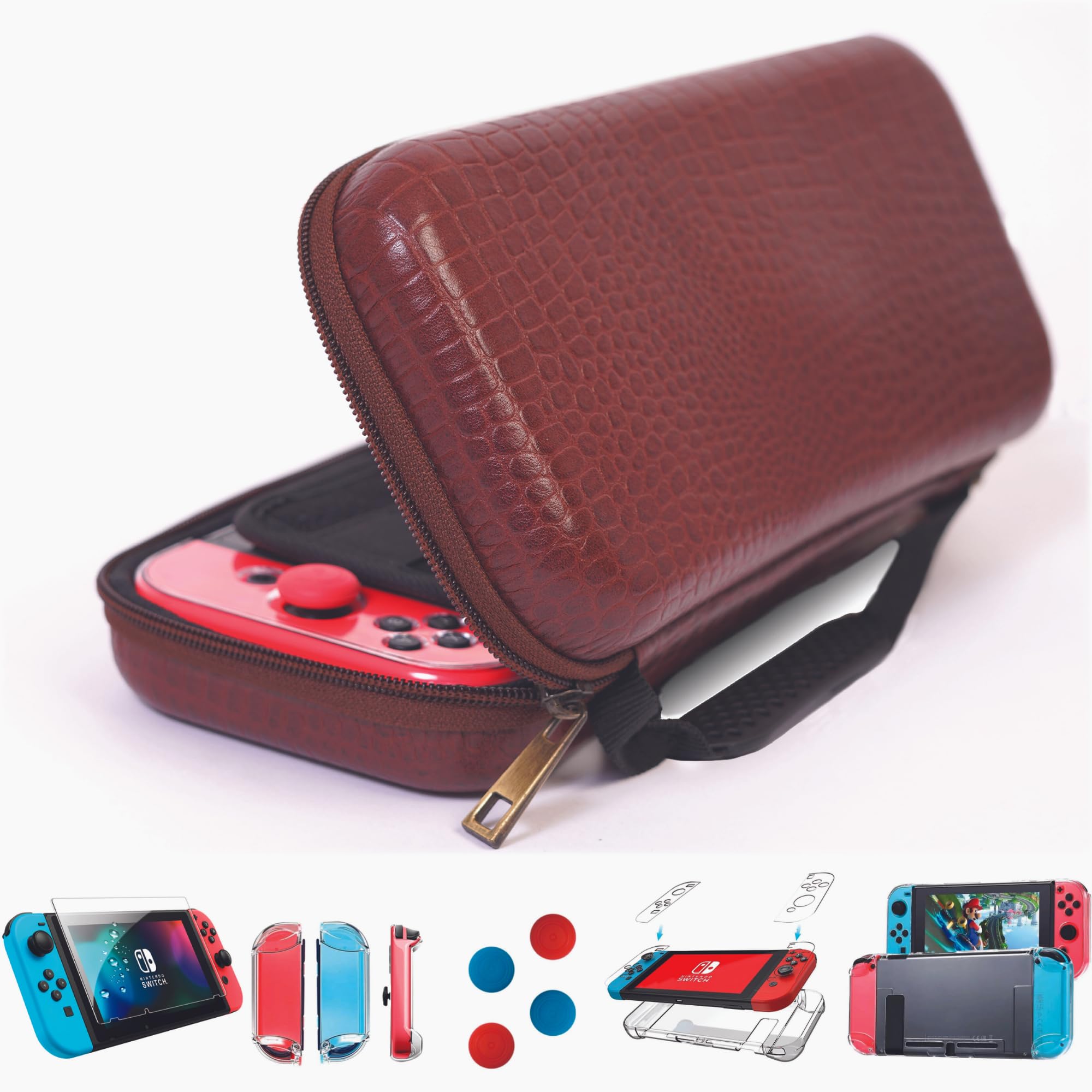 Premium Genuine Leather Travel Case for Nintendo Switch - Hard Shell Protective Cover with 10 Game Card Slots, Dockable Design, 2 Joycon Covers, 4 Thumbstick Caps & Screen Protector - Perfect for Gaming On-The-Go, Travel Protection & Switch Accessories Storage
