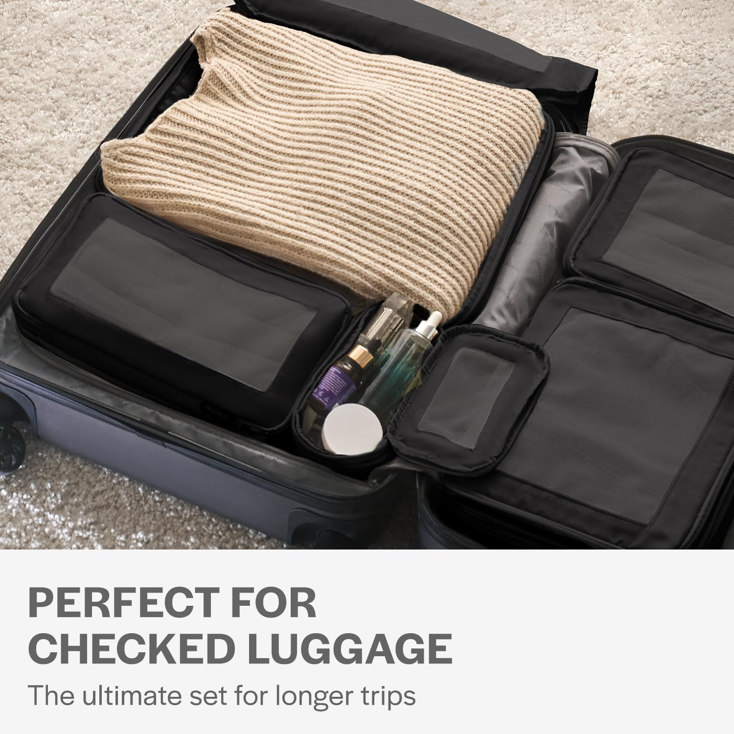 Premium Compression Packing Cubes for Travel - 6-Pack Black Luggage Organizer Bags with Double Zipper - Space Saving Suitcase Organizers for Business Trips, Vacations & Weekend Getaways