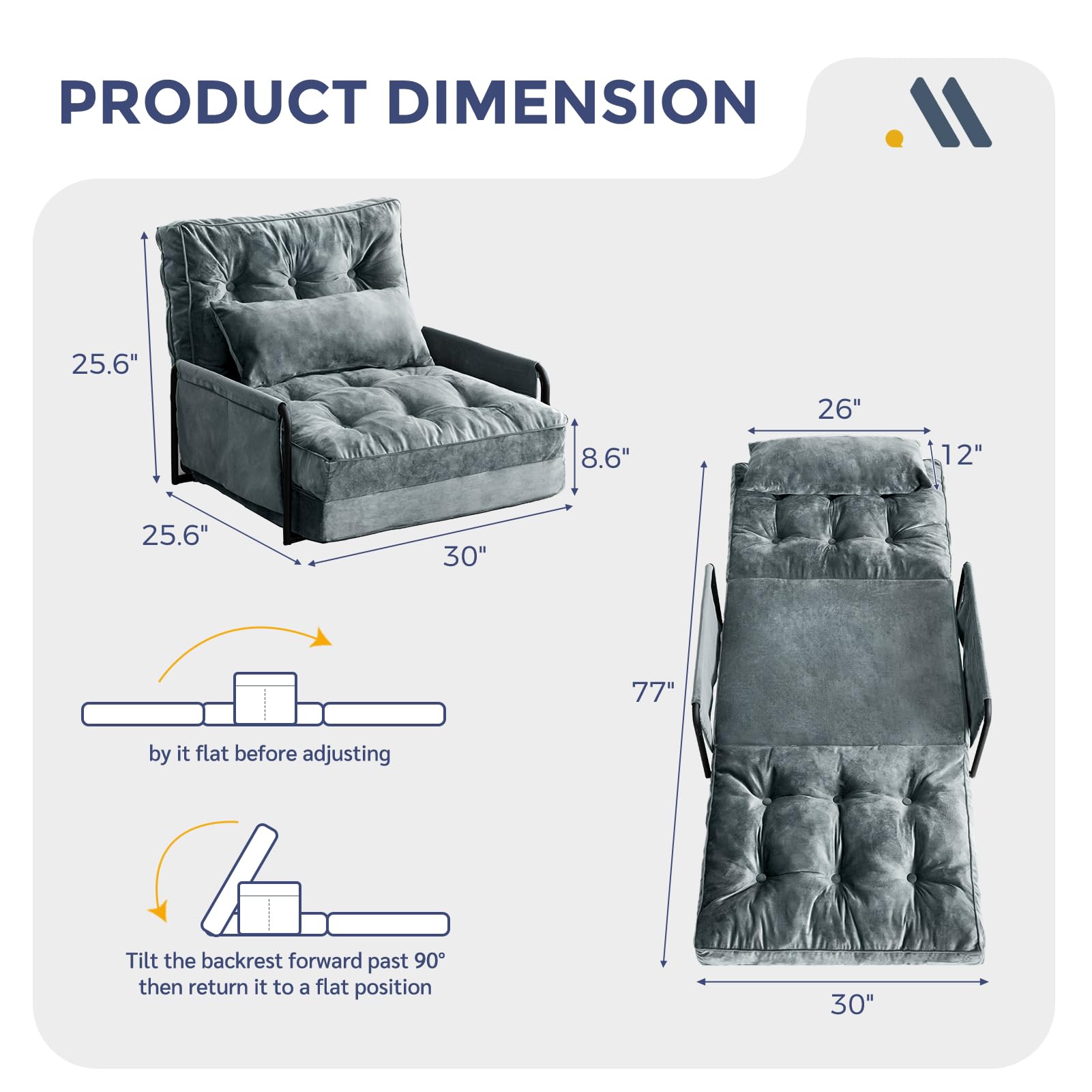 MAXYOYO Adjustable Floor Sofa Couch - Velvet Convertible Lazy Sofa Sleeper Bed with Pillow & Armrest, Single Size Dark Grey for Living Room, Bedroom & Small Spaces