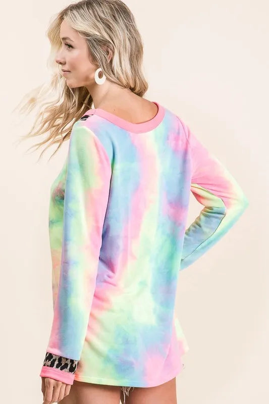 BiBi Tie Dye Terry V Neck Top - Soft Cotton Women's T-Shirt for Casual Wear, Summer Outfits & Beach Vacations