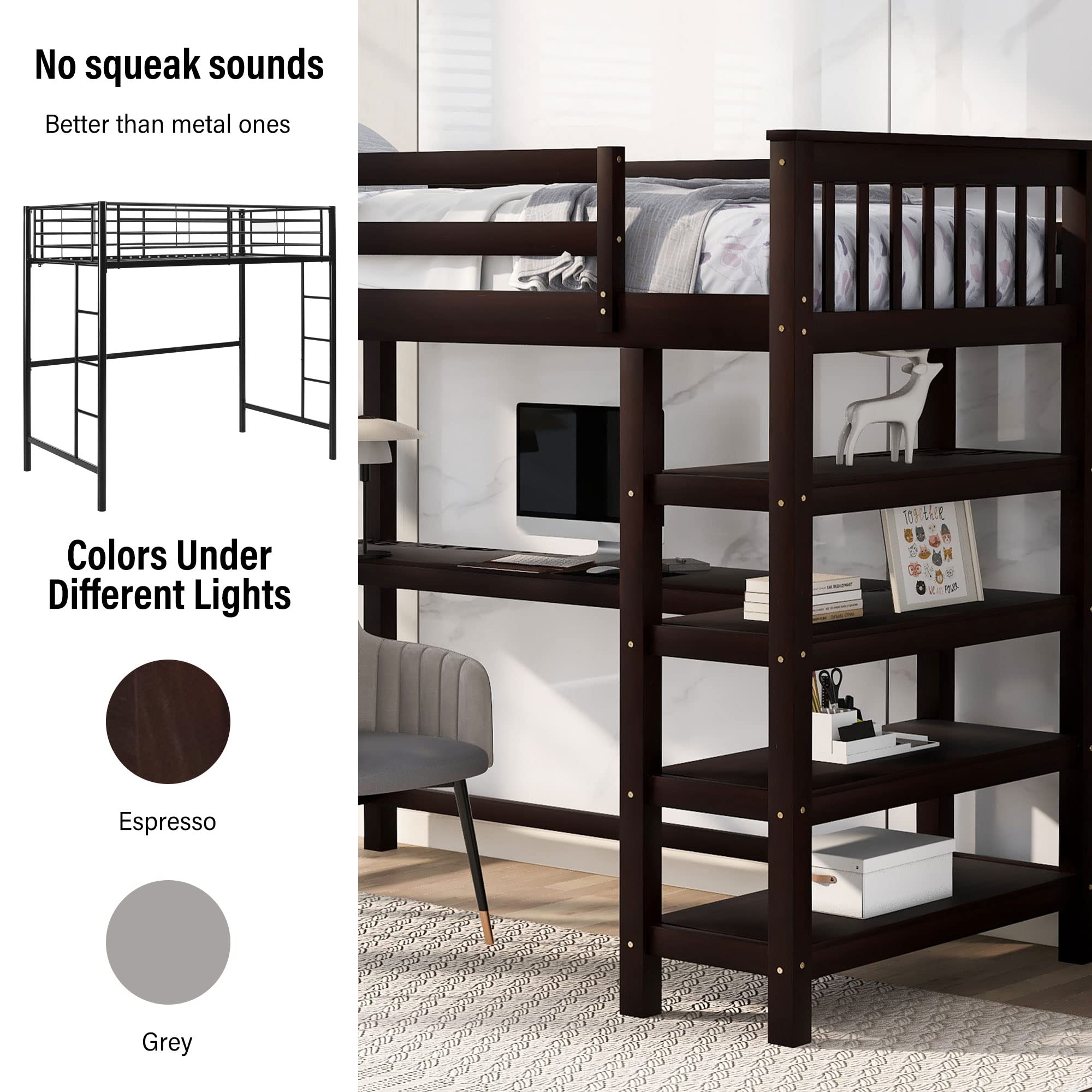 Merax Twin Size Wood Loft Bed with Desk & Shelves - Space-Saving Study Bed with Storage & Built-in Workstation, Espresso Finish - Perfect for Small Bedrooms, Dorm Rooms & Home Offices