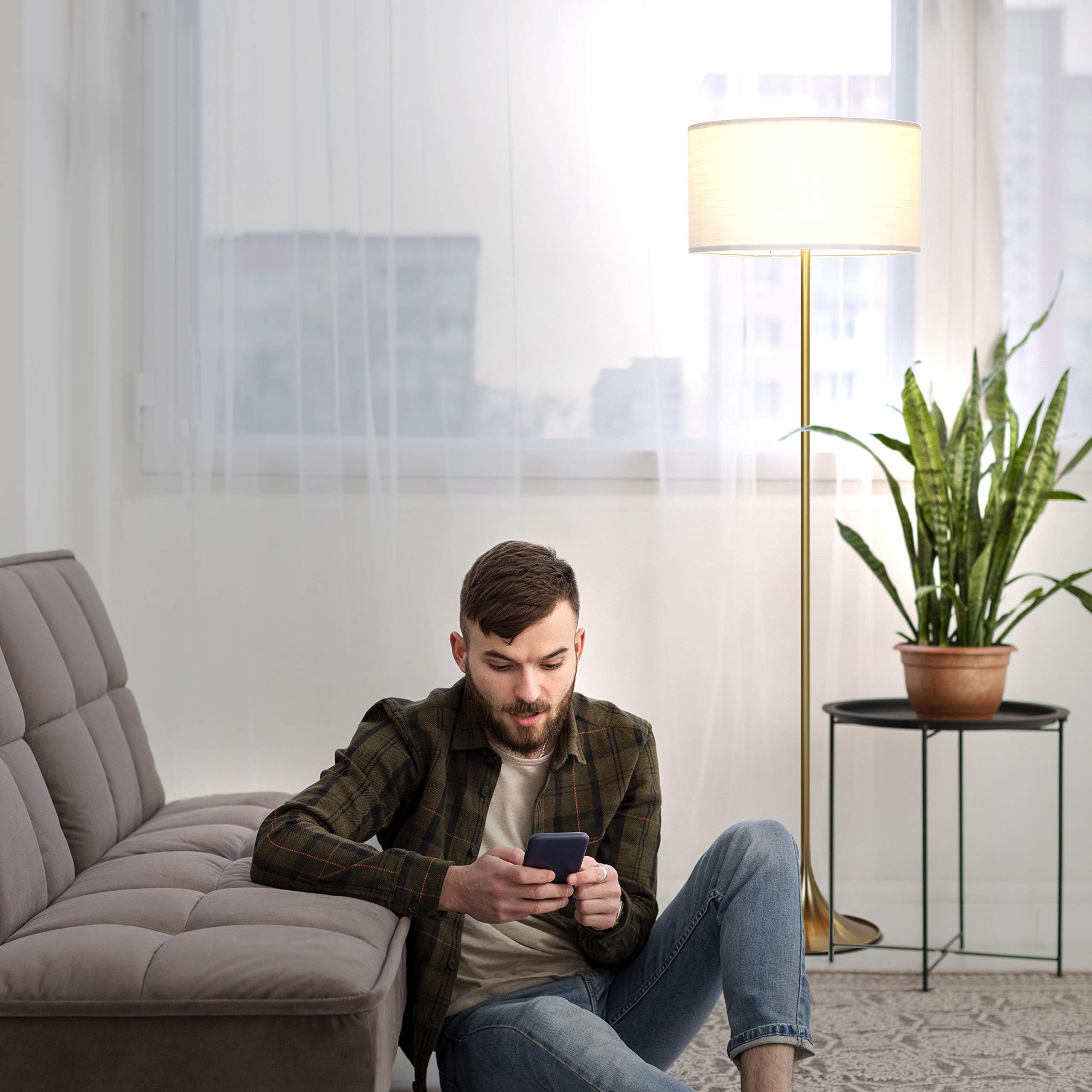 Brightech Quinn LED Floor Lamp - Modern Mid-Century Standing Lamp for Living Room, Bedroom & Office - Adjustable Tall Lamp with Heavy Base for Reading & Décor - Brass/Gold Finish - Perfect for Home Lighting & Workspace Illumination
