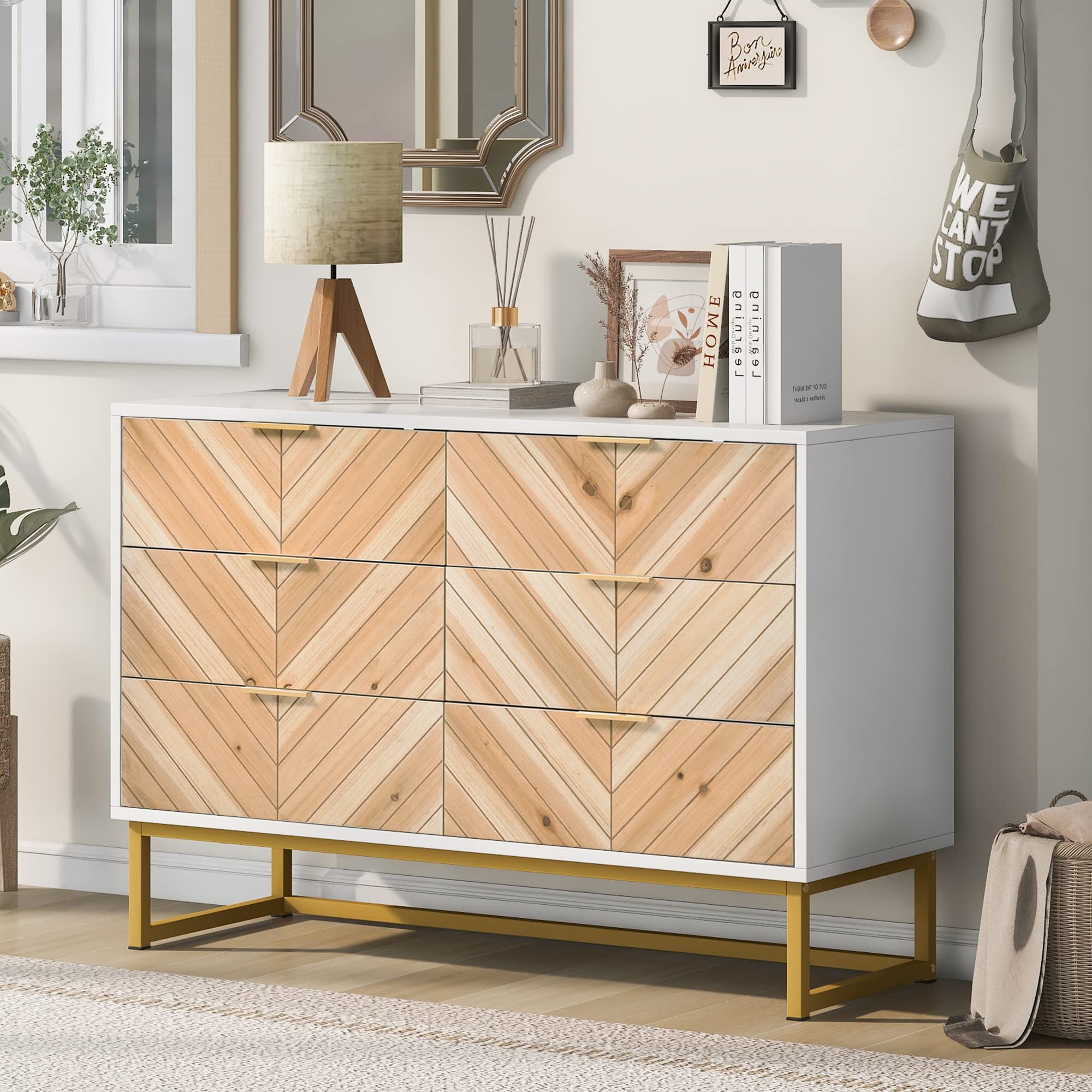 GerOr 6-Drawer Dresser with Sturdy Metal Legs & Handles - Natural Wood Finish Storage Cabinet for Bedroom Organization - Perfect for Modern Home Decor & Small Space Storage Solutions