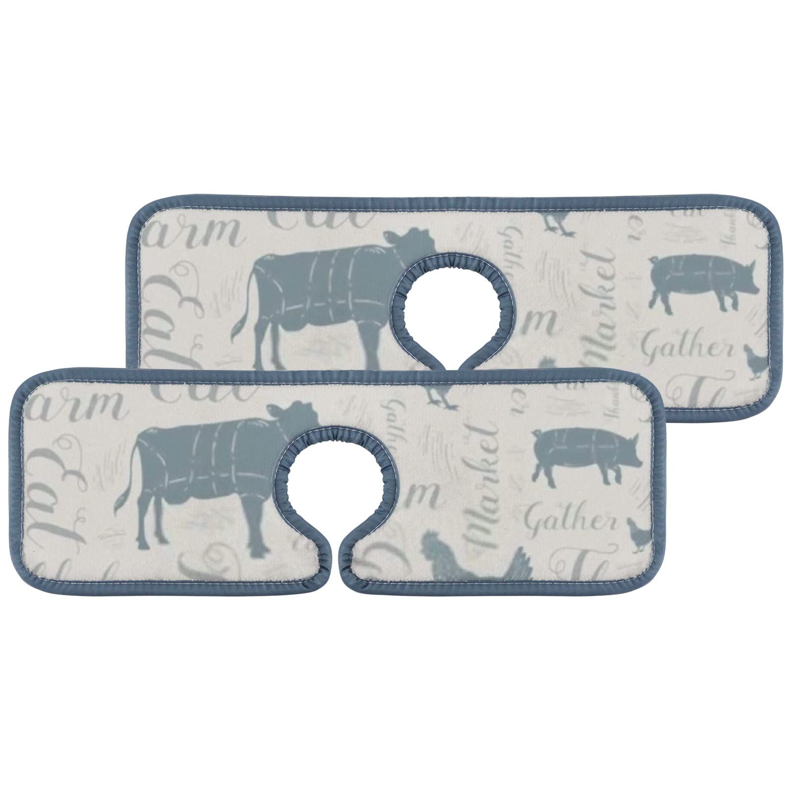 Farmhouse Sink Faucet Splash Guard Mat - 2 Pack Absorbent Countertop Protector for Kitchen & Bathroom, RV - Cow Chicken Pig Design, Water Stain Proof - Perfect for Farmhouse, RV, and Small Space Sinks