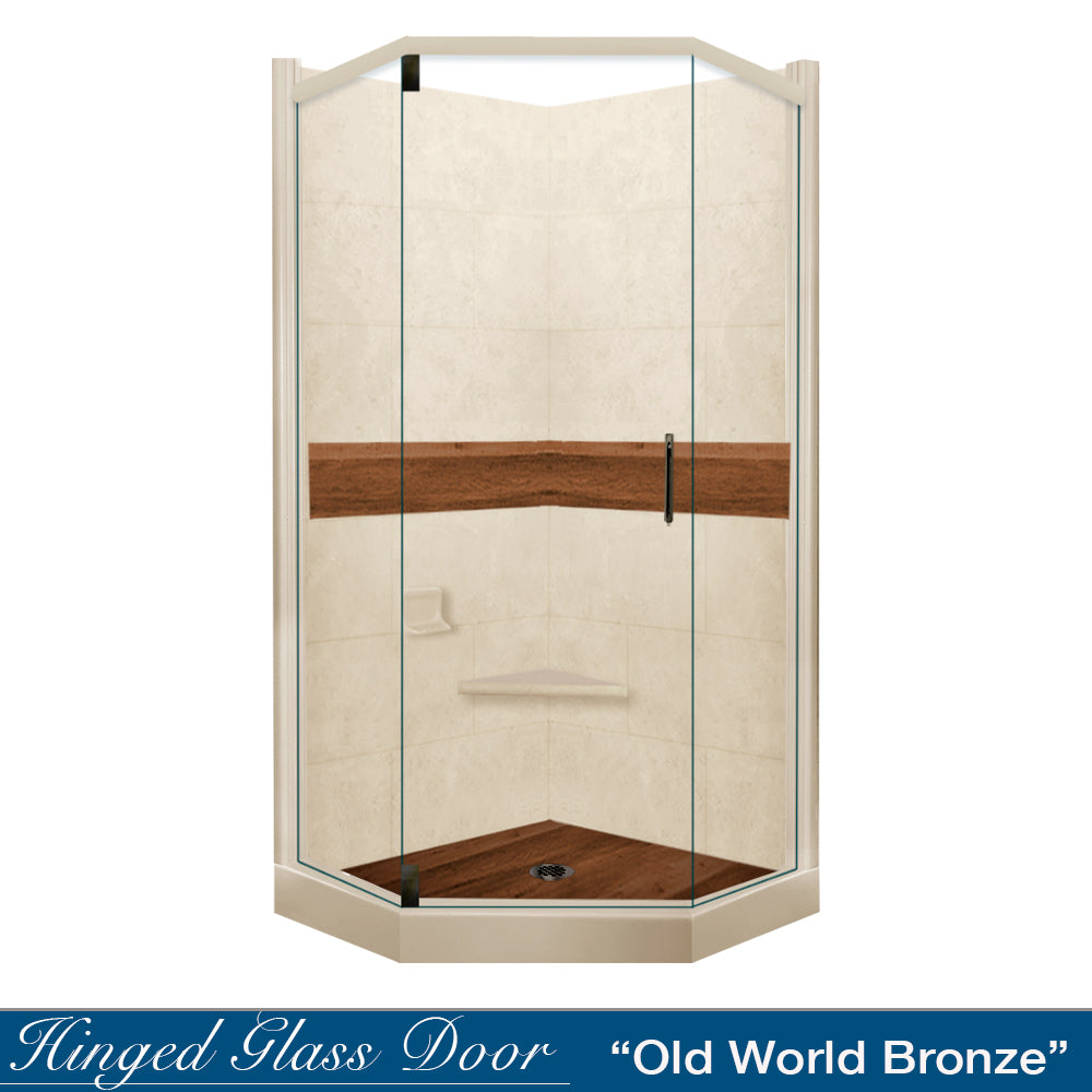 Neo Angle Desert Sand Sistine Stone & Burnt Oak Wood Shower Remodel Kit - DIY Waterproof Bathroom Upgrade for Modern Home Renovation | Perfect for Small Bathroom Makeovers and Spa-Like Shower Experiences