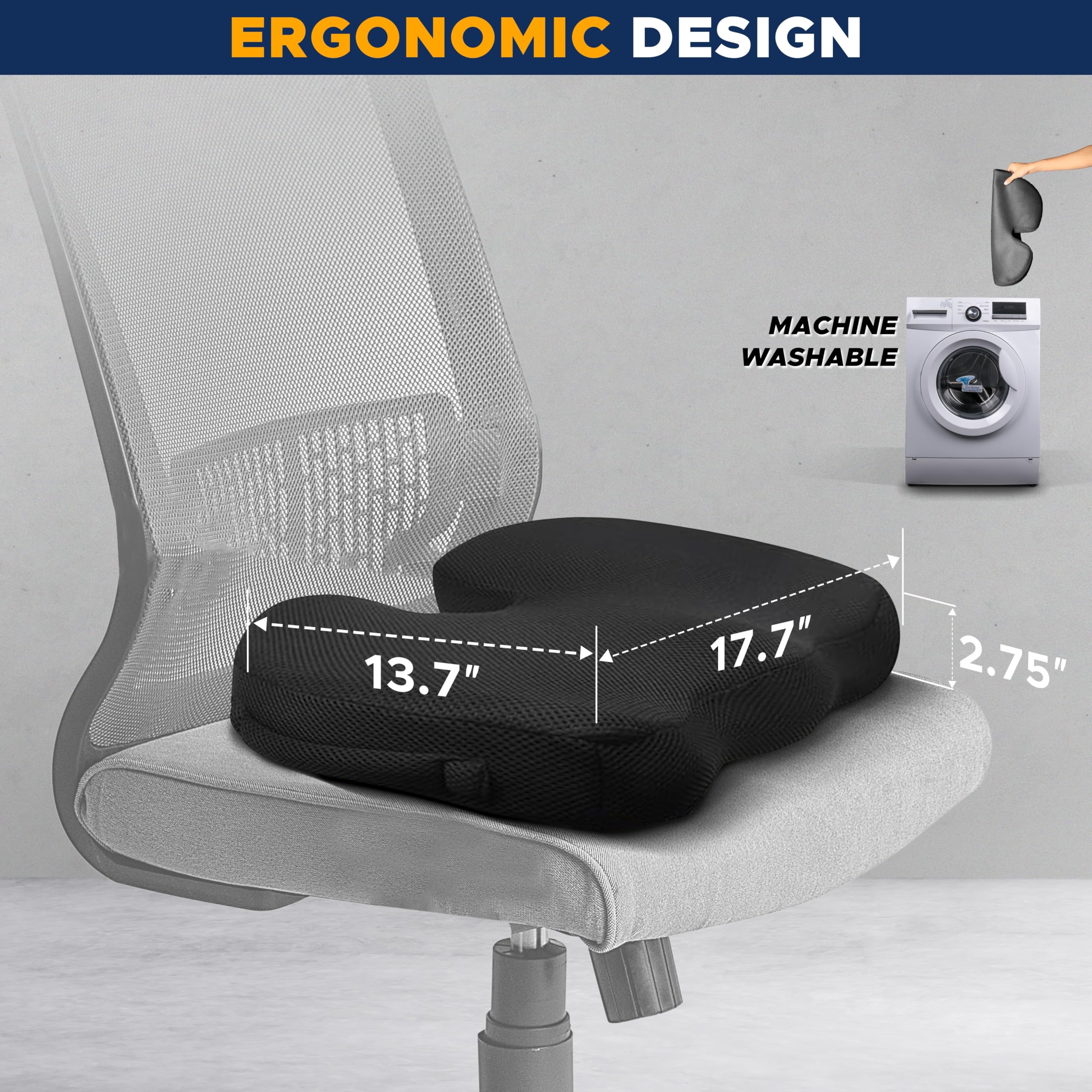 EcoNour Gel Seat Cushion for Office Chair - Memory Foam Coccyx Support for Sciatica & Tailbone Pain Relief - Ergonomic Car Seat Cushion & Desk Chair Pillow - Perfect for Long Sitting at Work, Driving, or Home Use