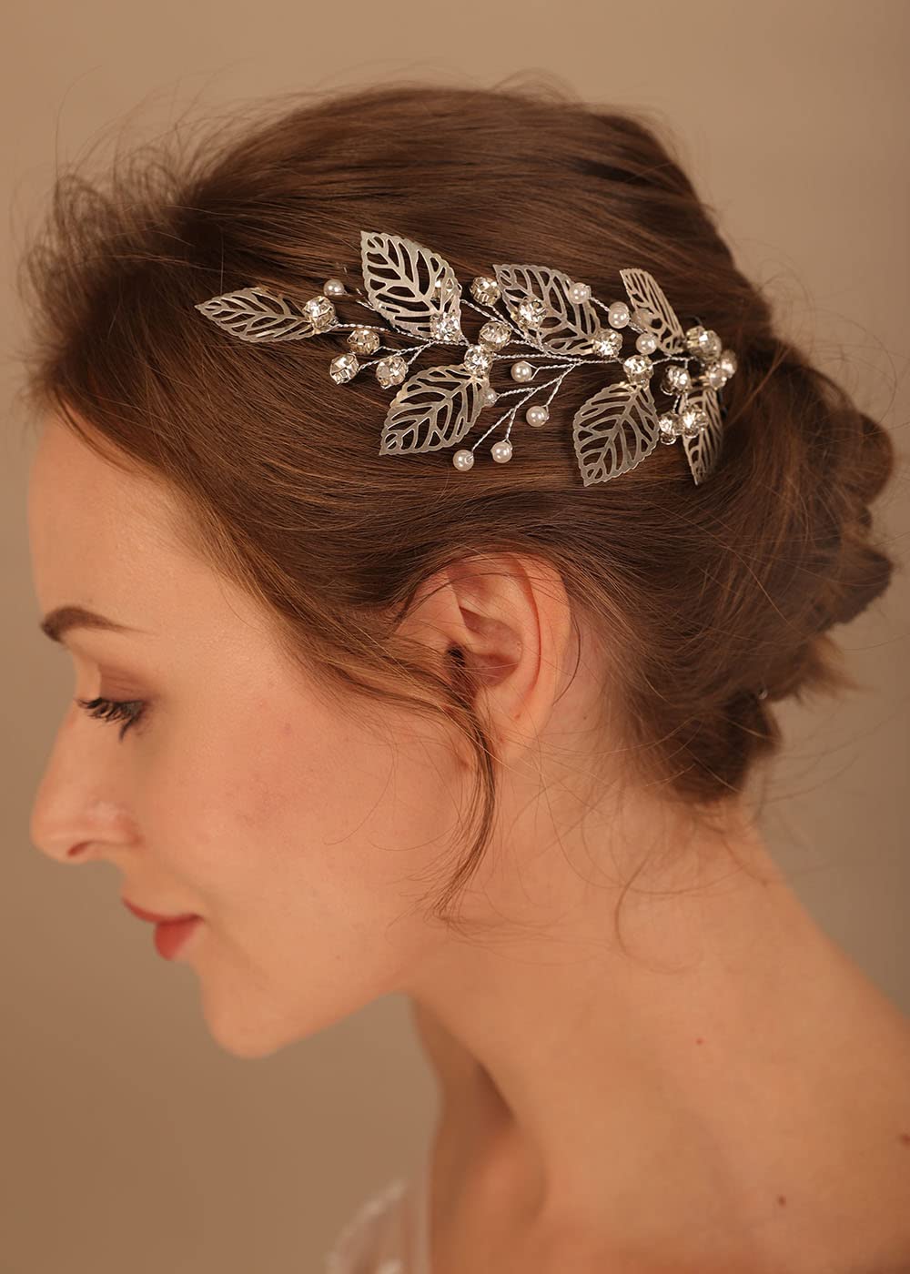 Denifery Rose Gold Leaves Hair Vine with Pearls - Elegant Bridal Hair Accessories for Weddings, Prom & Special Events (Silver)