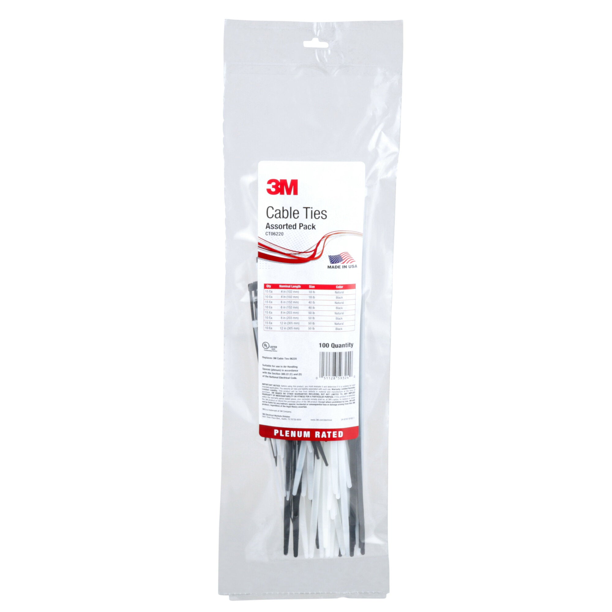 3M Assortment Pack Cable Tie CT06220 - 100-Piece Plenum Rated Nylon Zip Ties for Home, Office & Industrial Organization - Secure Wires, Cables & Bundles