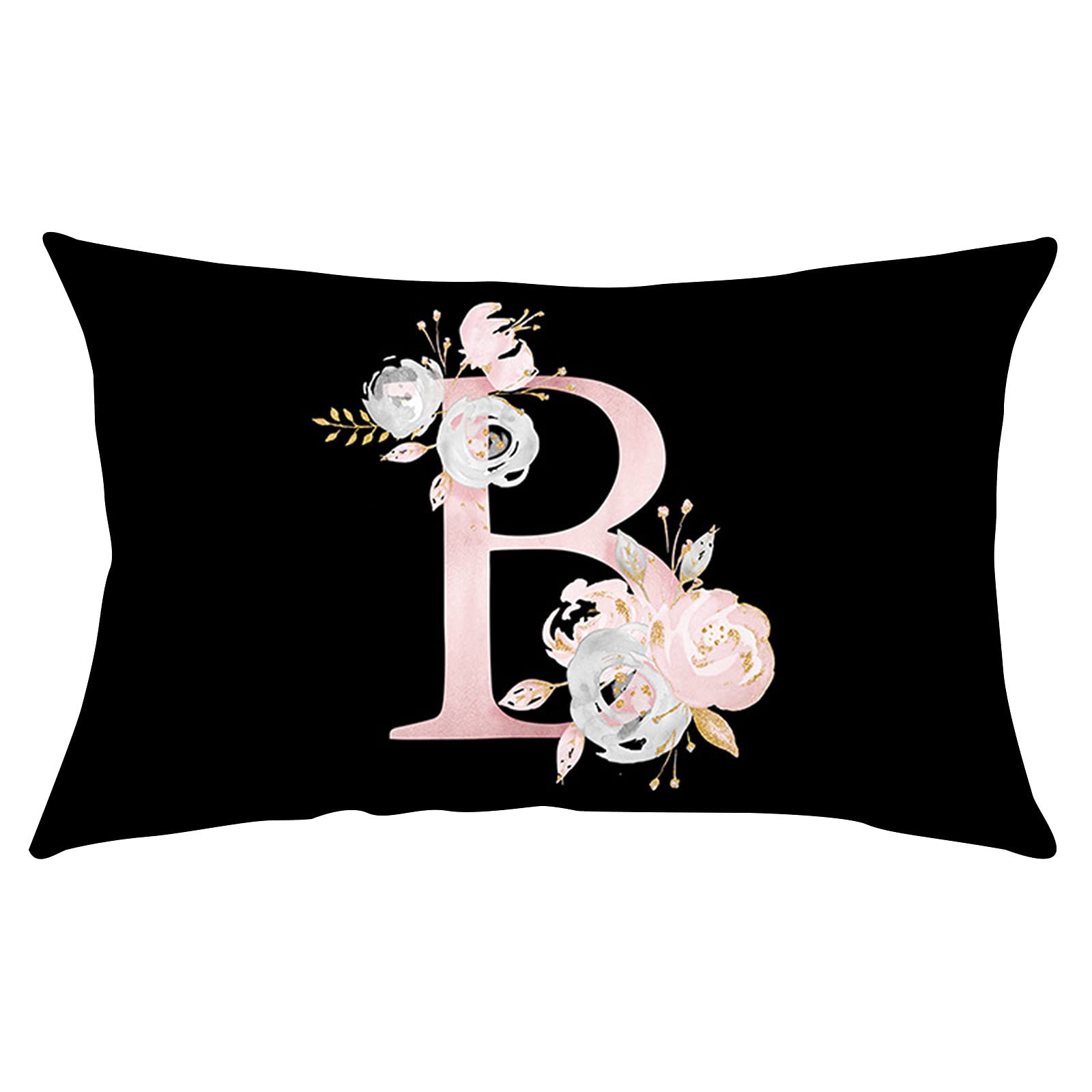 ANW Floral Alphabet Black Throw Pillow Covers - Decorative Pillowcases for Bedroom, Living Room & Sofa - Soft Cotton Accent Pillow Case (Letter B, Standard Size)