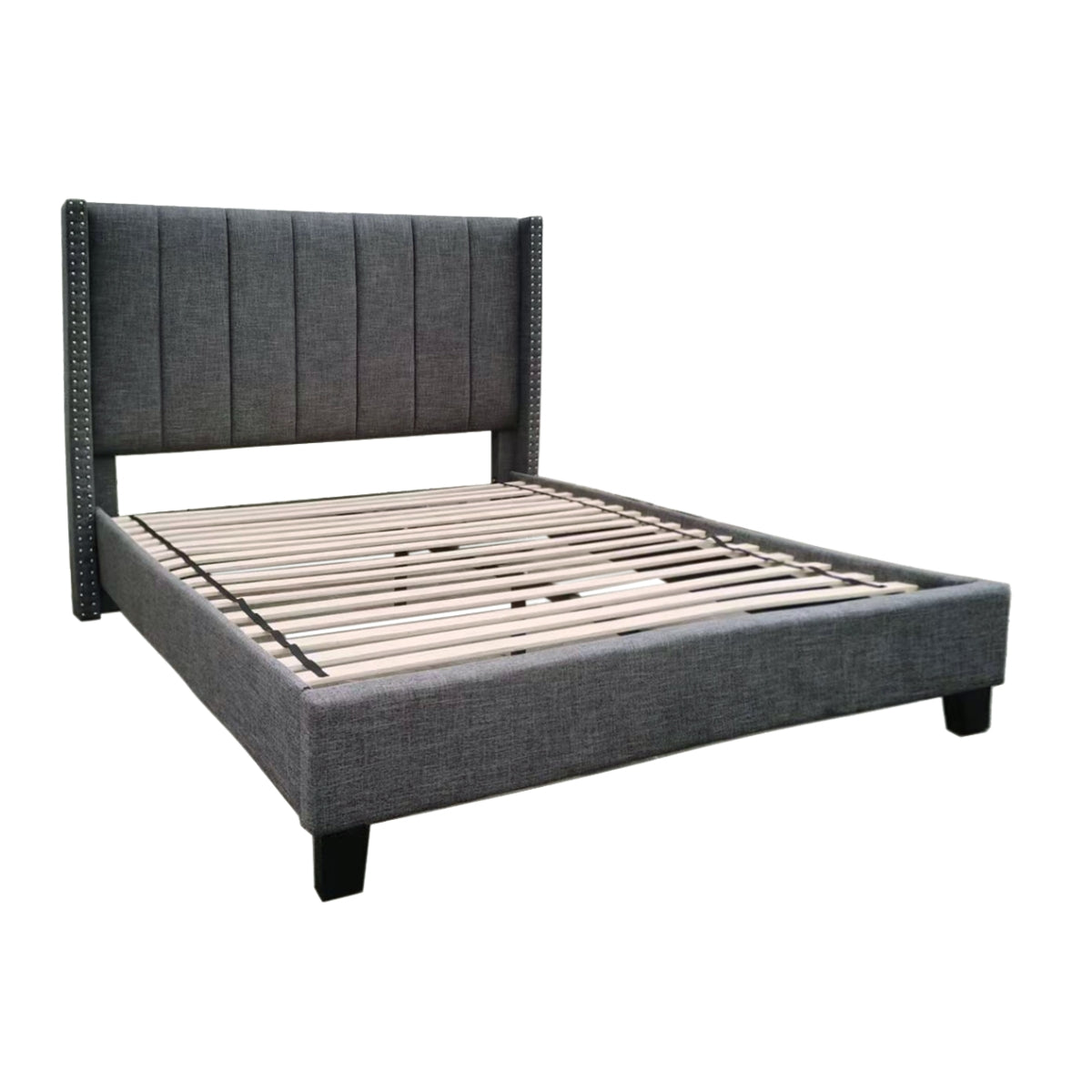 Clara Queen Bed Frame - Dark Grey Linen Upholstered Platform Bed with Tufted Headboard & Nailhead Trim for Modern Bedroom Decor