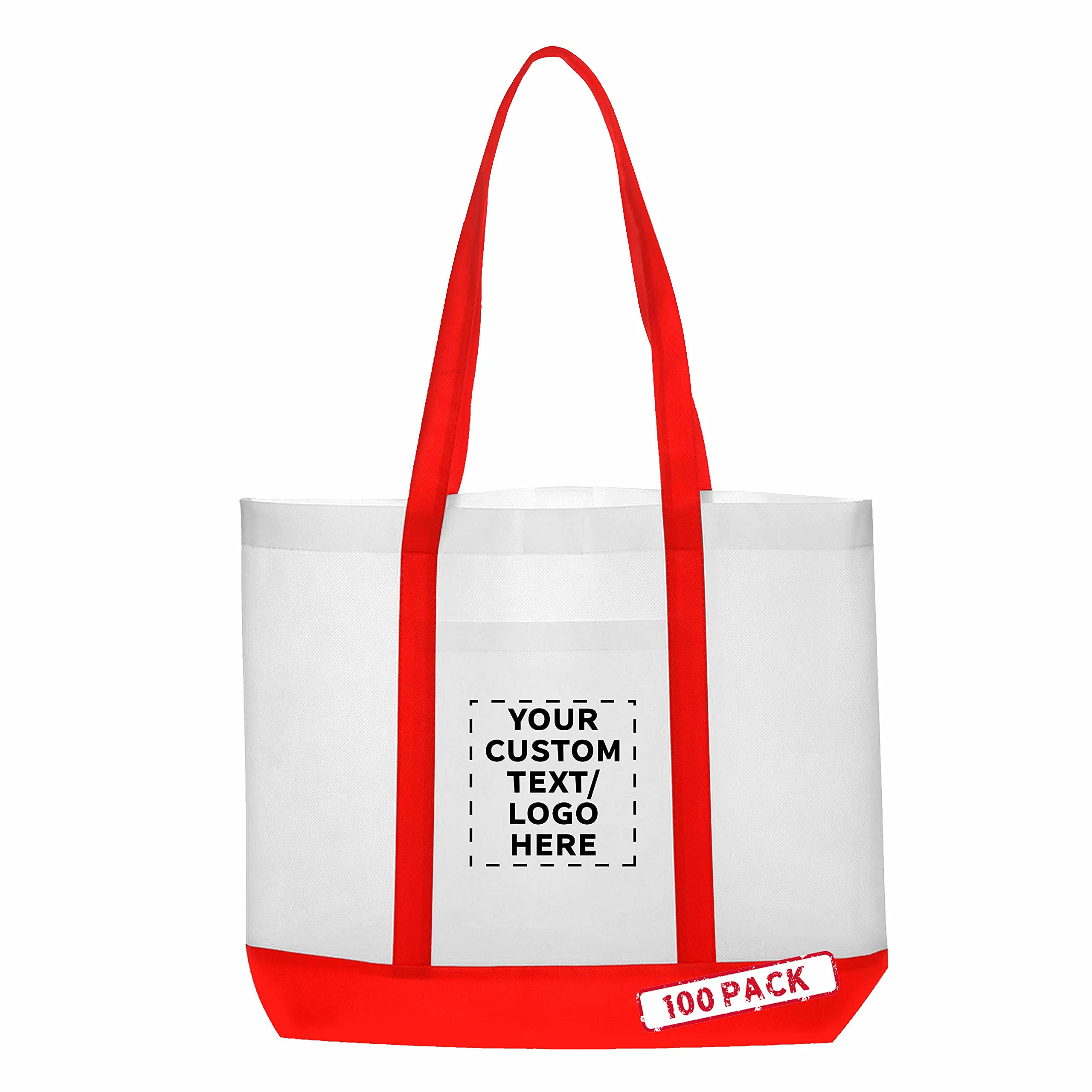 Customizable Non-Woven Tote Bags Set of 100 - Durable, Water Resistant, Two-Tone Design with Front Pocket - 18