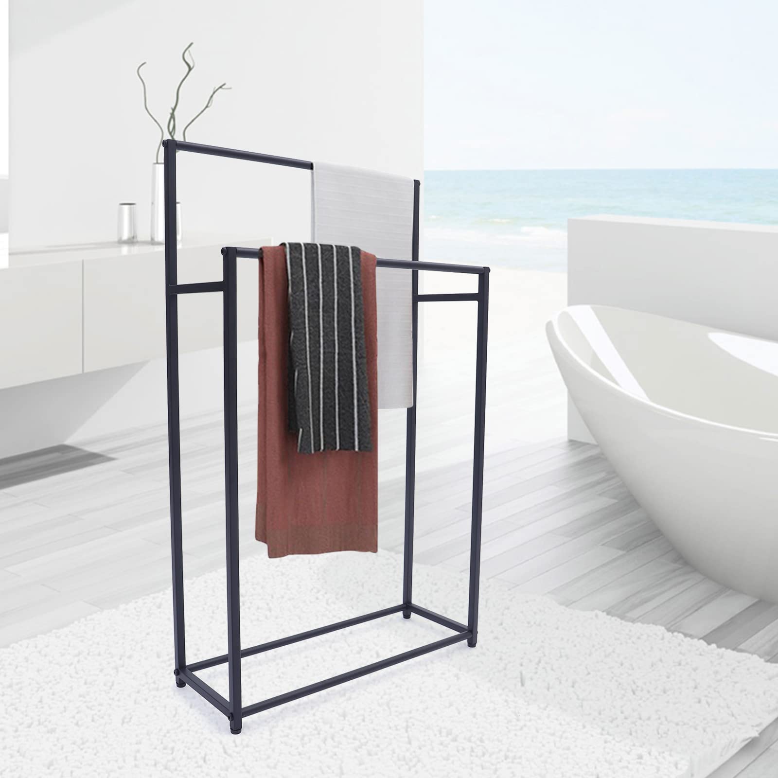 2-Tier Black Iron Free Standing Bathroom Towel Rack - Heavy Duty Floor Towel Holder Organizer for Bath, Hand Towels & Washcloths - Perfect for Shower, Tub & Bathroom Storage Organization