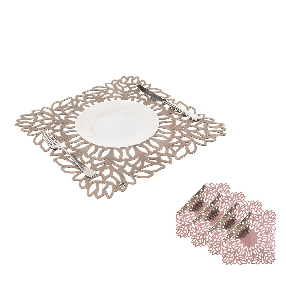 Mijal Gleiser Double Sided Laser Cut Placemats - Heat Resistant, Non Slip, Stain Proof Table Mats Set of 4 - Sea Flower Collection (Pewter-Rose) for Dining Table, Kitchen, Party Decor, and Home Entertaining