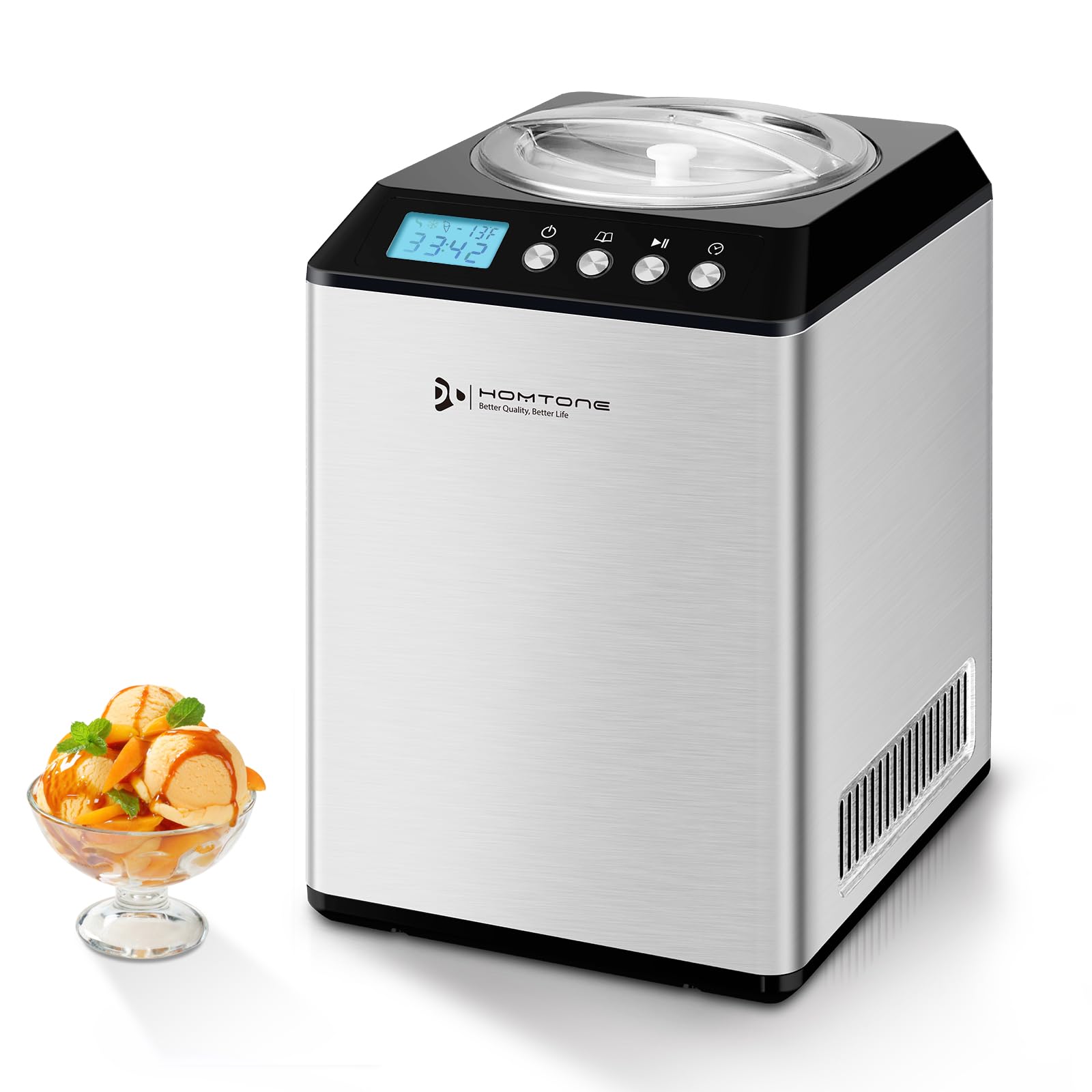 Homtone 2.64 Quart Automatic Ice Cream Maker with Compressor - No Pre-Freezing Required, 3 Modes for Gelato & Ice Cream, LCD Digital Display, 2H Keep Cool, Stainless Steel - Perfect for Home Kitchen, Parties, and Dessert Shops