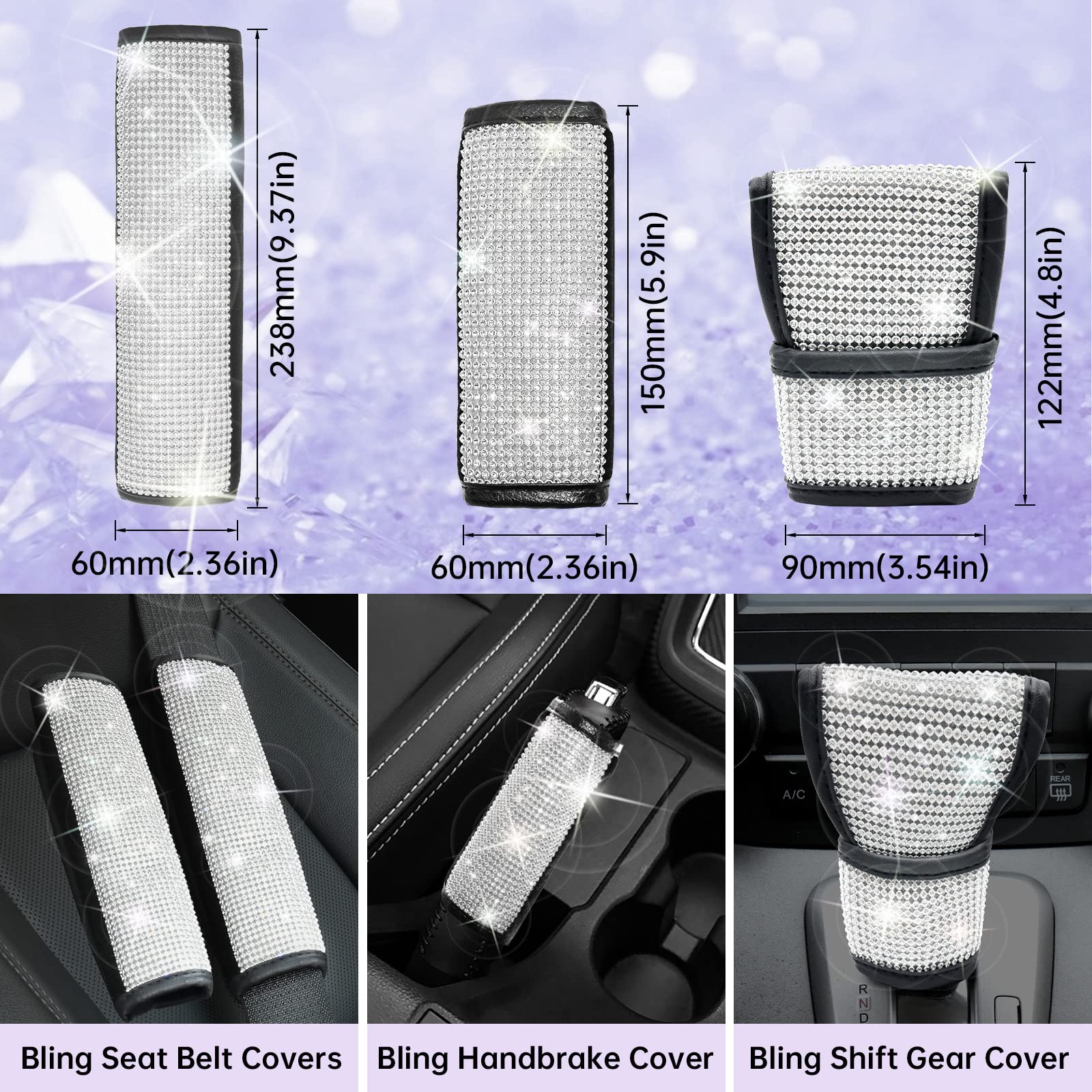ARTILAURA 19-Piece Bling Car Accessories Kit for Women - Rhinestone Steering Wheel Cover, Seat Belt Pads, Gear Shift Cover, Phone Holder & Cup Coasters - Glamorous Auto Interior Decor (White) | Perfect for Daily Commute, Road Trips & Gift Giving