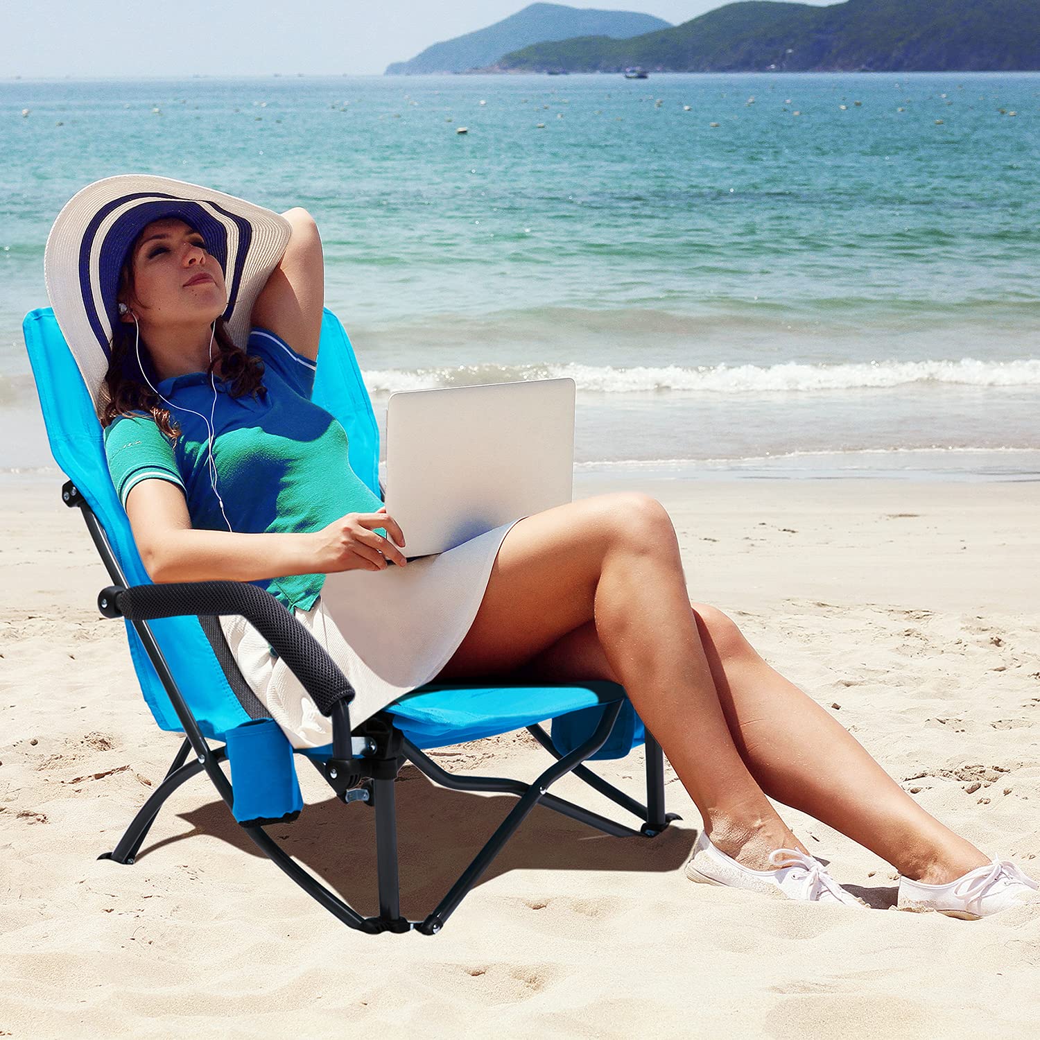 G4Free Portable Folding Beach Chair with Lumbar Support - Lightweight Camping Chair for Outdoor, Picnic, Concert & Travel - Includes Carry Bag (Blue)